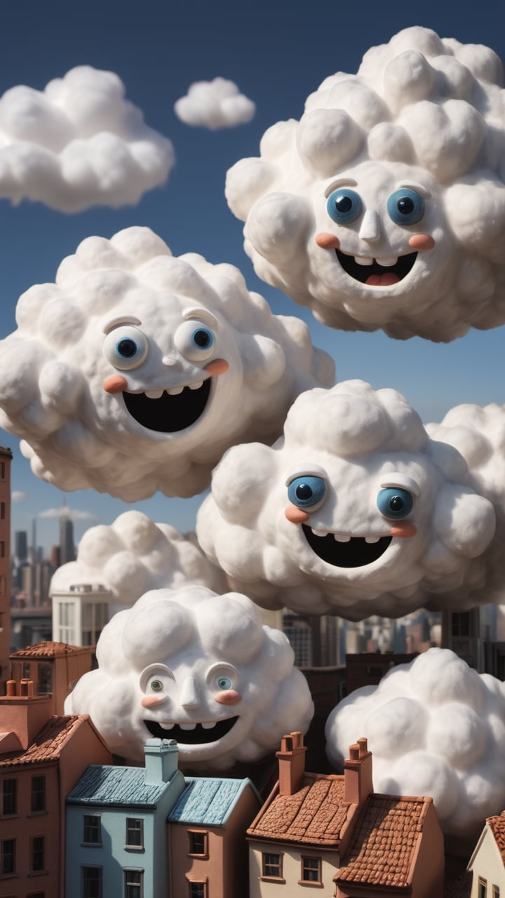 Sentient clouds: Fluffy clouds with eyes and whimsical smiles,  interacting with each other and manipulating a cityscape m...