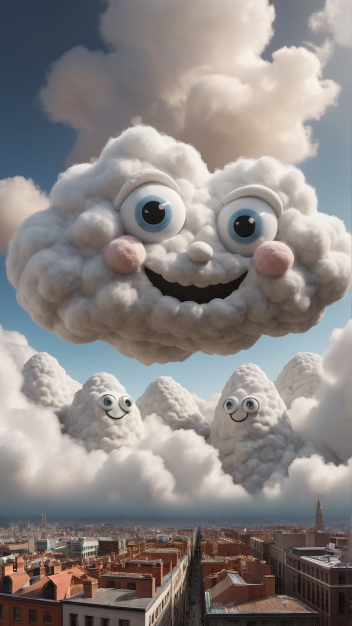 Sentient clouds: Fluffy clouds with eyes and whimsical smiles,  interacting with each other and manipulating a cityscape m...