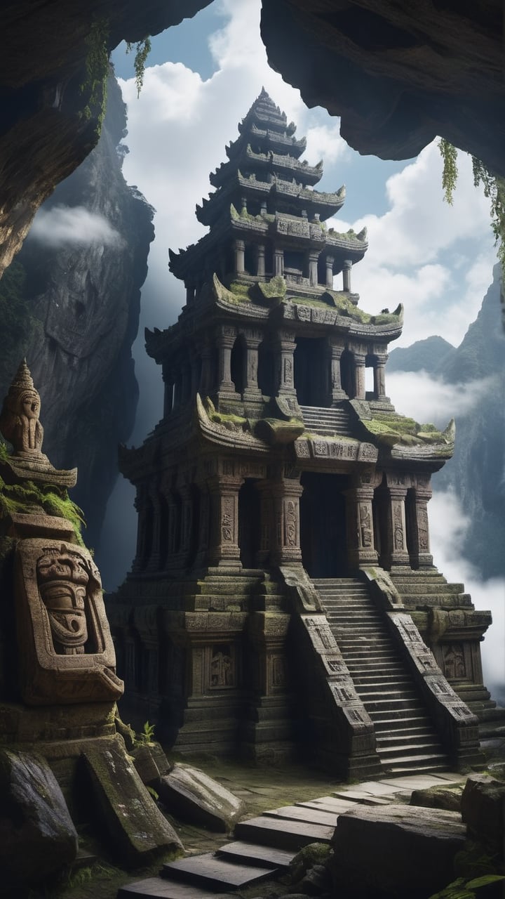 Lost temple in the clouds: A crumbling,  ancient structure built into the side of a celestial mountain,  adorned with intr...