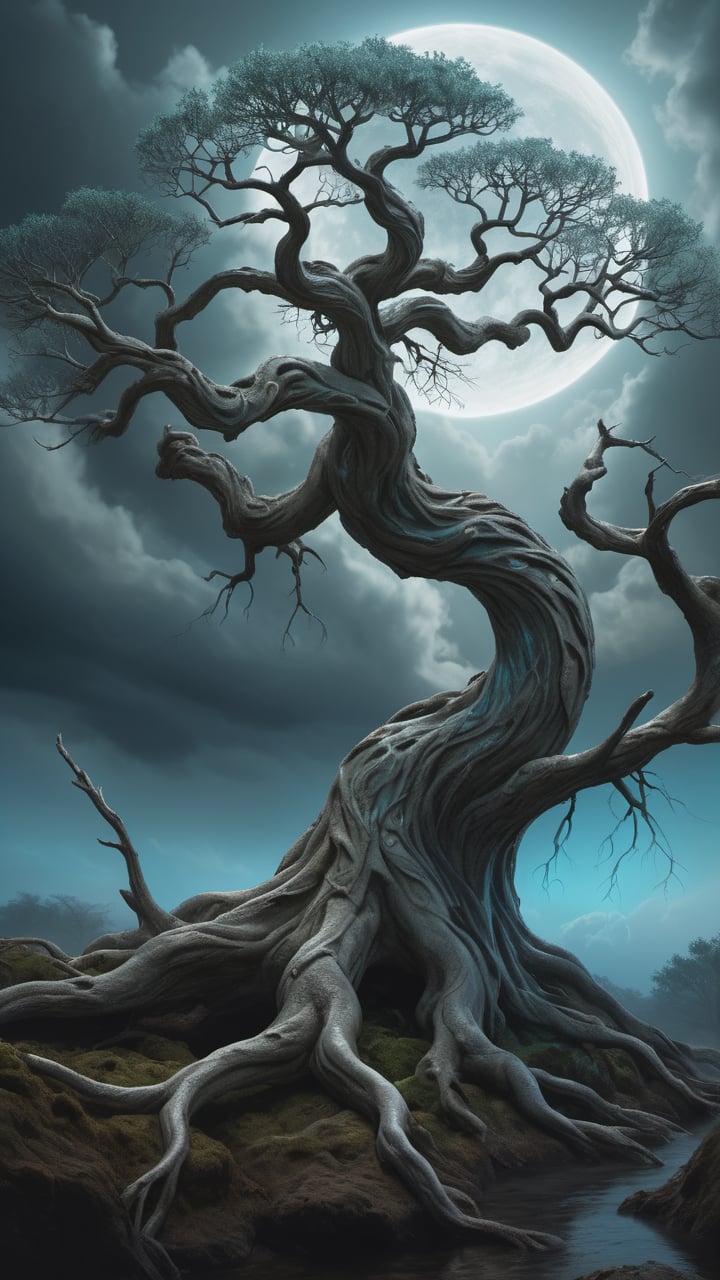 Duality of nature: A single,  gnarled tree rendered in hyper-realistic detail,  its branches reaching out towards biolumin...