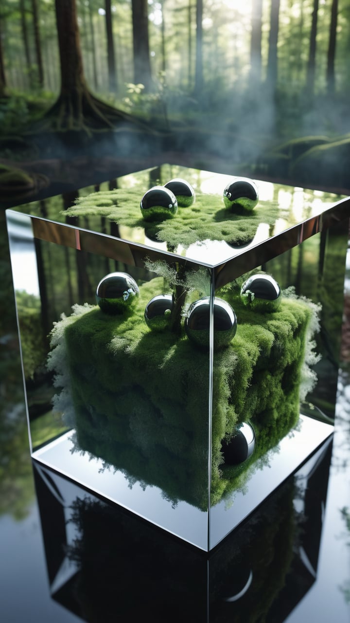 Fractured reality: A shattered cube with a reflection of a lush green forest inside,  surrounded by floating chrome sphere...