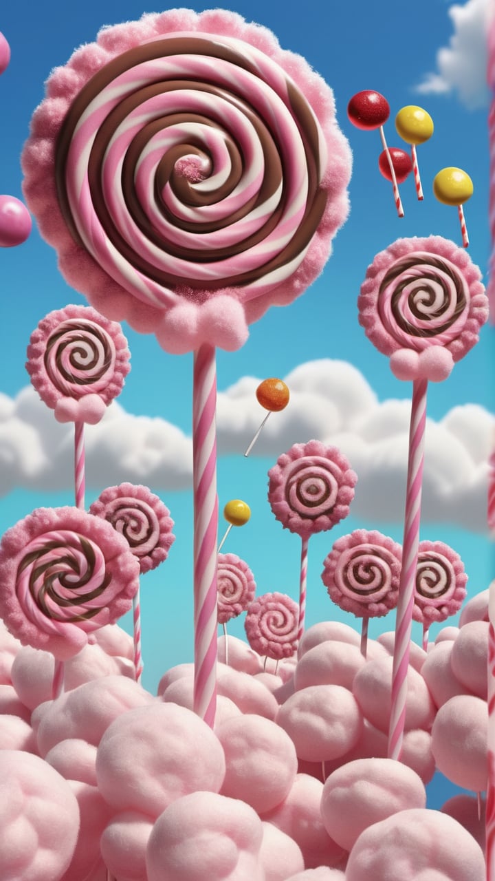 Candyland cloudscape: Fluffy clouds rendered in the style of cotton candy,  with lollipops and chocolate spirals suspended...