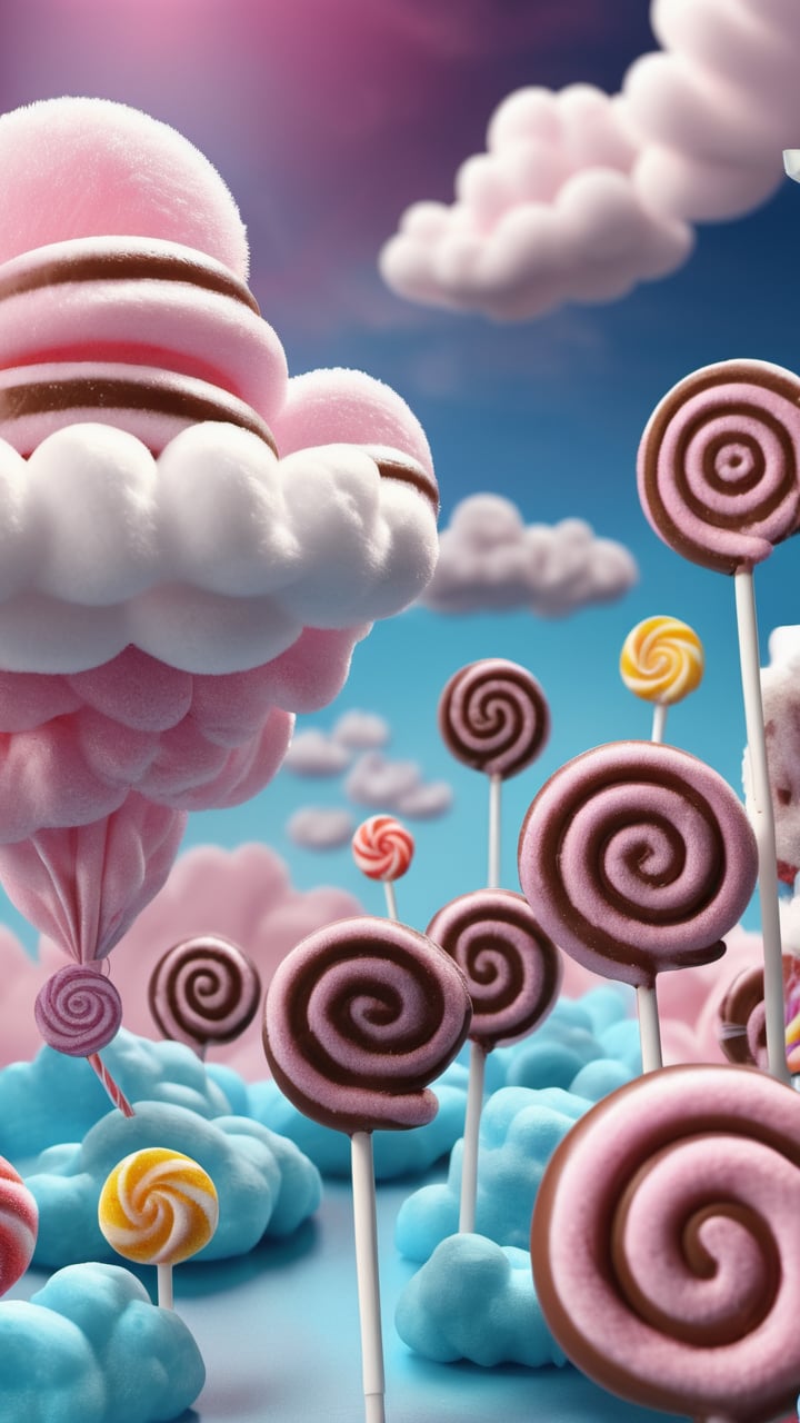 Candyland cloudscape: Fluffy clouds rendered in the style of cotton candy,  with lollipops and chocolate spirals suspended...