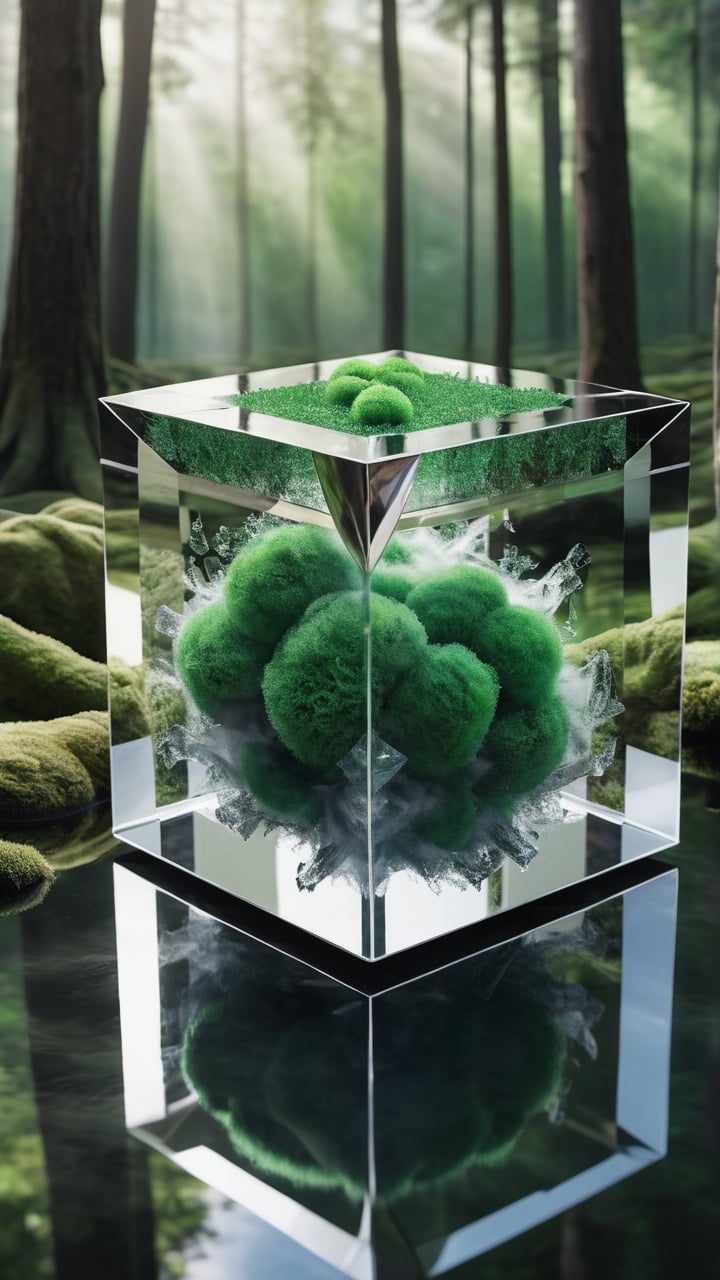 Fractured reality: A shattered cube with a reflection of a lush green forest inside,  surrounded by floating chrome sphere...