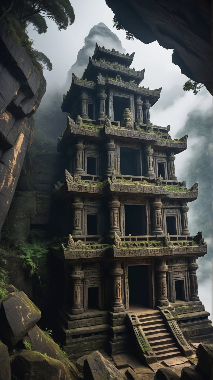 Lost temple in the clouds: A crumbling,  ancient structure built into the side of a celestial mountain,  adorned with intr...