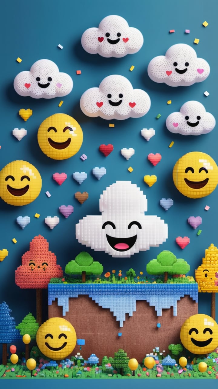 Emoji world: Clouds shaped like happy faces and other emojis,  raining down confetti and hearts on a miniature landscape o...