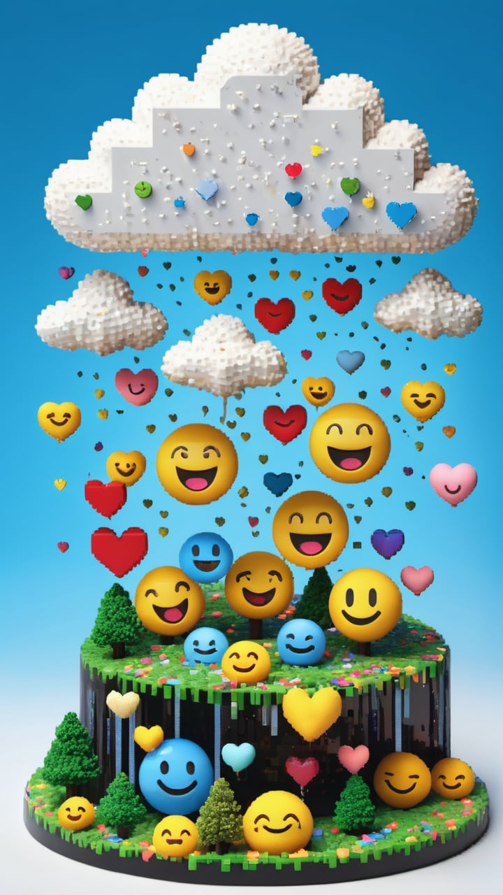 Emoji world: Clouds shaped like happy faces and other emojis,  raining down confetti and hearts on a miniature landscape o...