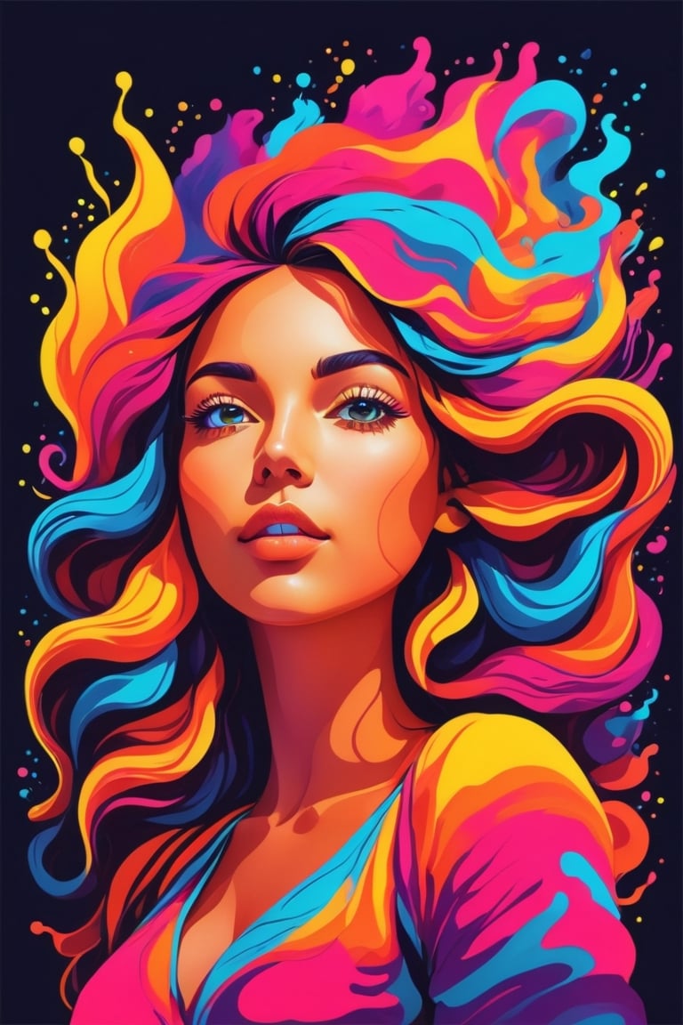 neon colors, cartoon style illustration of a woman as she sees the world while experiencing hallucinations, stoned, splash art, splashed neon colors, neon glowy smoke) motion effects, best quality, wallpaper art, UHD, centered image, ((flat colors)), (cel-shading style) very vibrant neon colors, extremely saturated image (saturation 10) ink lined art, bold lines