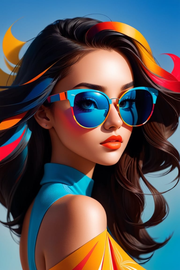 back photo with abstract illustrations for portfolio, front a beautiful girl with sunglasses 