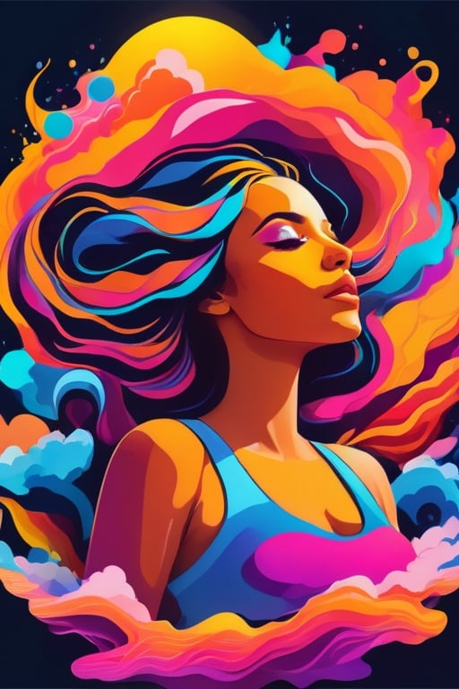 neon colors, cartoon style illustration of a woman as she sees the world while experiencing hallucinations, stoned, splash art, splashed neon colors, neon glowy smoke) motion effects, best quality, wallpaper art, UHD, centered image, ((flat colors)), (cel-shading style) very vibrant neon colors, extremely saturated image (saturation 10) ink lined art, bold lines