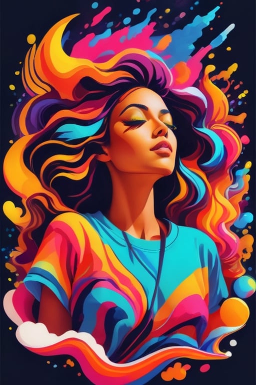 neon colors, cartoon style illustration of a woman as she sees the world while experiencing hallucinations, stoned, splash art, splashed neon colors, neon glowy smoke) motion effects, best quality, wallpaper art, UHD, centered image, ((flat colors)), (cel-shading style) very vibrant neon colors, extremely saturated image (saturation 10) ink lined art, bold lines