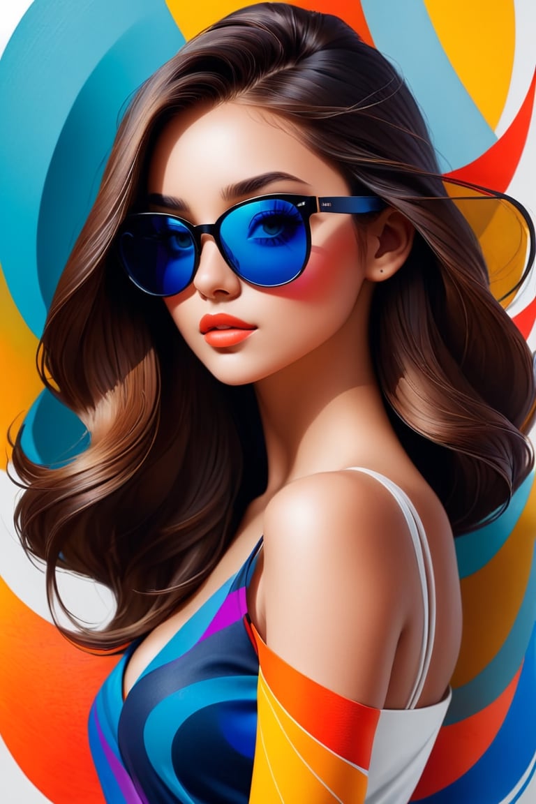 back photo with abstract illustrations for portfolio, front a beautiful girl with sunglasses 