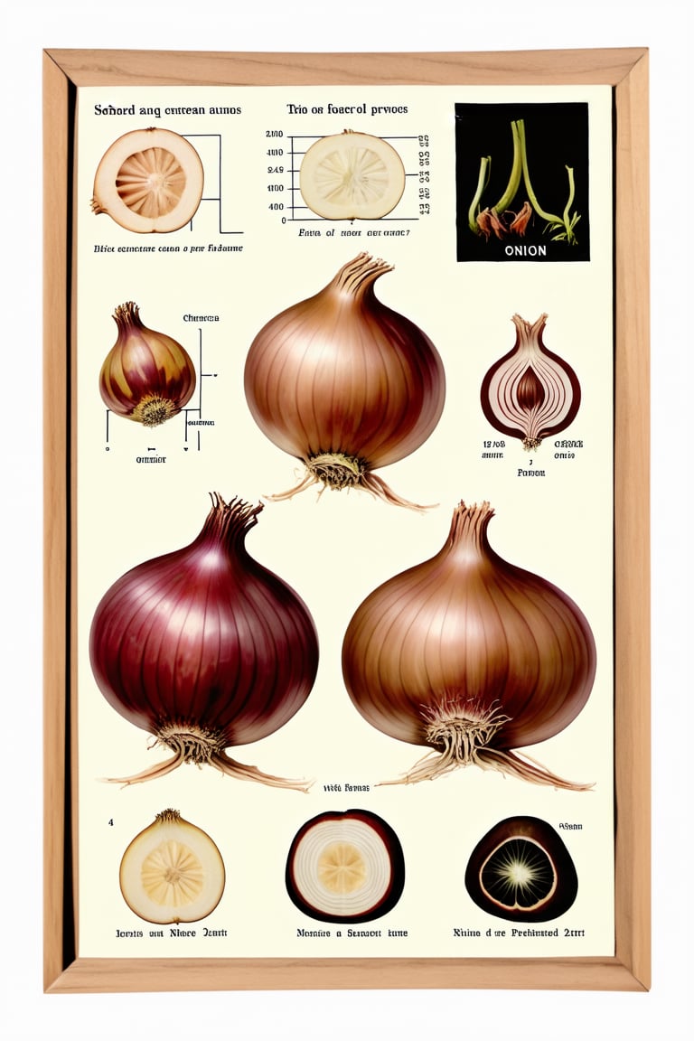 "onion", fully detailed botanic identity card of onion, taken from old science book, write "onion" title, pictures of different cross sections, chemical and biological classifications, detailed plant information with different species of onion, anatomy, graphs, on single poster, bright colors, fresh, verified information, high contrast, high resolution

