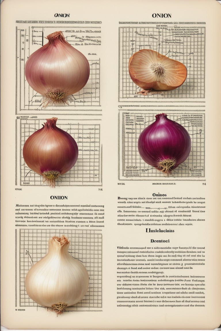 "onion", fully detailed botanic identity card of onion, taken from old science book, write "onion" title, pictures of different cross sections, chemical and biological classifications, detailed plant information with different species of onion, anatomy, graphs, on single poster, bright colors, fresh, verified information, high contrast, high resolution

