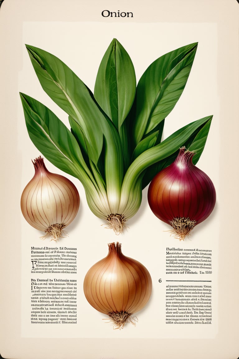 "onion", fully detailed botanic identity card of onion, taken from old science book, write "onion" title, pictures of different cross sections, chemical and biological classifications, detailed plant information with different species of onion, anatomy, graphs, on single poster, bright colors, fresh, verified information, high contrast, high resolution

