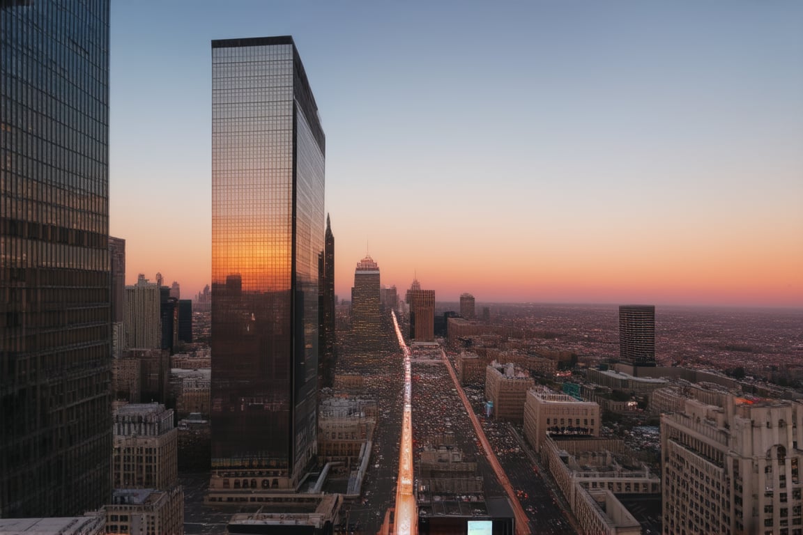 A sweeping aerial view of a metropolitan cityscape at sunset. Tall skyscrapers rise from the concrete jungle, their glass facades reflecting hues of orange and pink as the sun dips below the horizon. The streets are bustling with evening commuters, while neon lights and billboards illuminate the urban landscape.