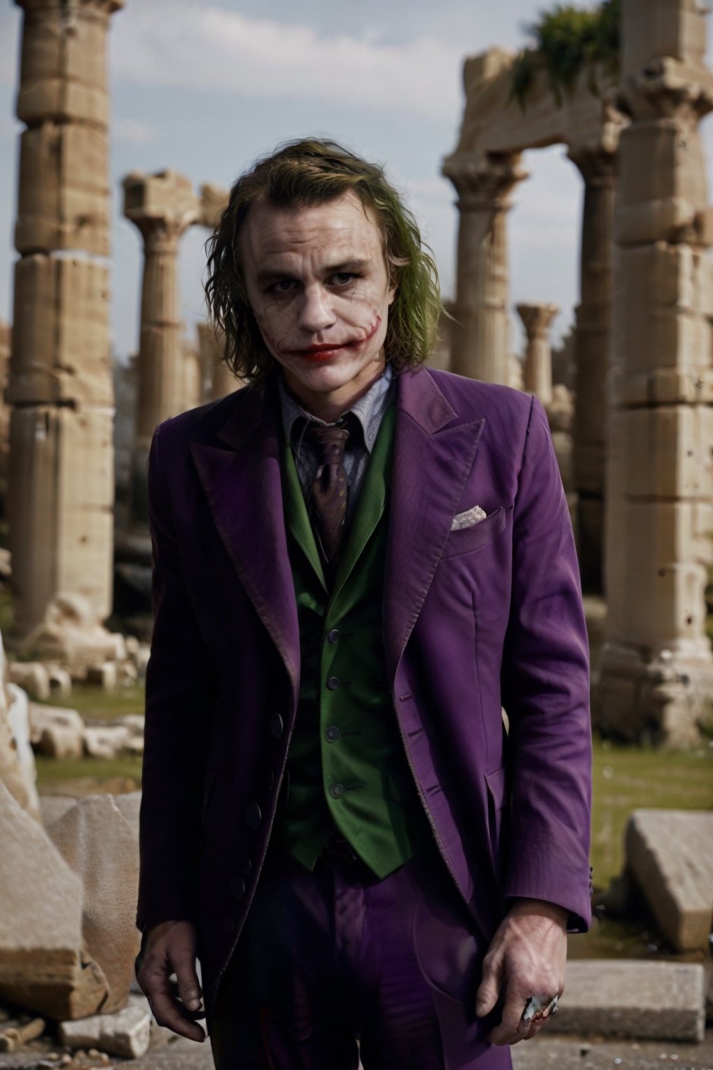 Joker Heath Ledger wearing a Andromeda Shun Cloth inside a  greek ruins,FFIXBG,ezio_soul3142,1boy