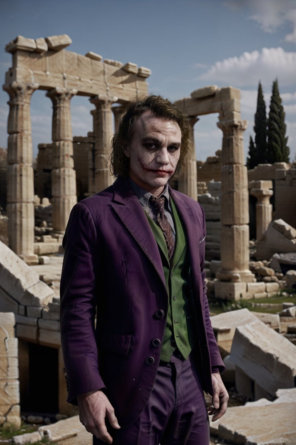 Joker Heath Ledger wearing a Andromeda Shun Cloth inside a  greek ruins,FFIXBG,ezio_soul3142,1boy