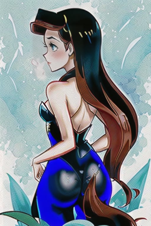 Graceful anime silhouette of a slender Disney Ariel's body shape,  she's wearing a black costume playboy bunny,  showing y...
