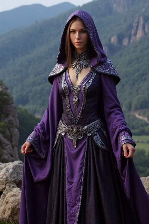 powerful sorceress portrayed in a mythical heroic saga,  with dynamic poses and epic settings. Use intense amethyst and si...