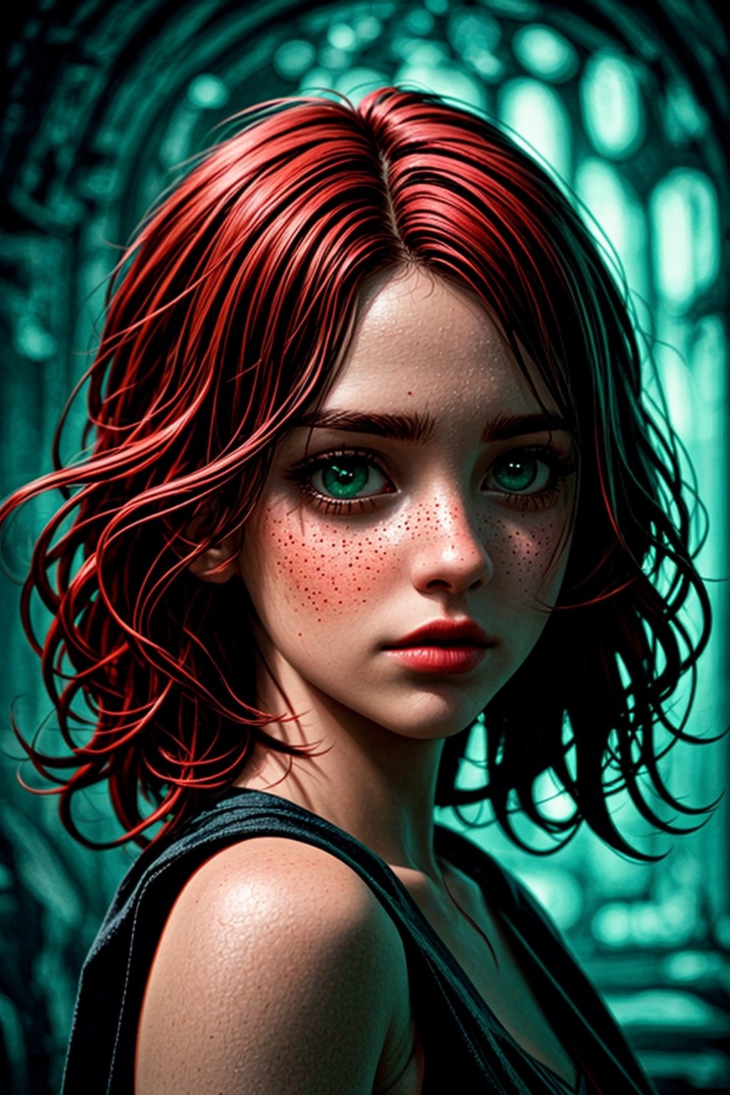 raw realistic potarait of beautiful girlA short, petite frame. Hair so red and wavy falling just past her shoulders, surrounding a circular face with softness, light freckles on her nose, naturally arched red eyebrows over bright green eyes that looked almost blue in some lights., indoor background grainy cinematic, godlyphoto r3al,detailmaster2,aesthetic portrait, cinematic colors, earthy , moody, look , grainy cinematic, fantasy vibes godlyphoto r3al,detailmaster2,aesthetic portrait, cinematic colors,<lora:659111690174031528:1.0>