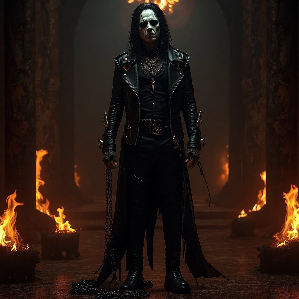 Eric Draven full body shot, skull face (calaveric face), a powerful metalhead, stands tall in a dark, eerie bedroom. His skull-face makeup glistens with a pale, ghostly complexion, while his long black hair flows like a river of night. He wears a black shirt, metal-spiked leather jacket, and skinny leather pants, adorned with tattoos and facial piercings. In the background, flames engulf the room, heavy slavery chains, heavy  slave chains slave chains in the scene, casting a fiery glow on the scene. heavy Chains lie broken at Eric's feet, as if he has shattered the shackles that once bound him. Vlave chains slave chains in the scene. The crow-like atmosphere is enhanced by the presence of goth boys in the shadows, adding to the haunting beauty of this heavy metal-inspired concept art.