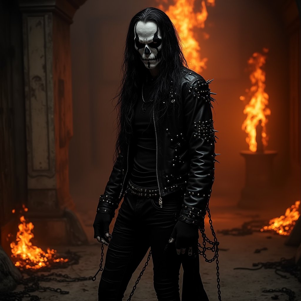 Eric Draven full body shot, skull face, a powerful metalhead, stands tall in a dark, eerie bedroom. His skull-face makeup glistens with a pale, ghostly complexion, while his long black hair flows like a river of night. He wears a black shirt, metal-spiked leather jacket, and skinny leather pants, adorned with tattoos and facial piercings. In the background, flames engulf the room, slavery chains, slave chains slave chains in the scene, casting a fiery glow on the scene. Chains lie broken at Eric's feet, as if he has shattered the shackles that once bound him. Vlave chains slave chains in the scene. The crow-like atmosphere is enhanced by the presence of goth boys in the shadows, adding to the haunting beauty of this heavy metal-inspired concept art.