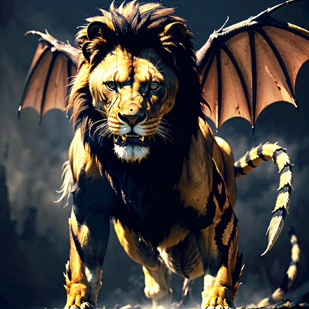 character,character_name Manticore, 1 character animal,mythological,mythology,logo_design,a Manticore (1 manticore,lion head,lion body, wings of a bat,scorpion stinger),lion roar,Lion_roar,front view,shot from the front, look ahead,hyper realistic, front_view,super high definition, high detailed hands,high_resolution,high quality, red_filter,red colorized,(vibrant,photo realistic,realistic,dramatic, dark,sharp focus,8k), (weathered greasy dirty damaged old worn technician worker outfit:1.1), (intricate:1.1), (highly detailed:1.1), digital painting, octane render, (loish:0.23), (global illumination, studio light, volumetric light),high_res,high_resolution,highres,cibertribal,valkyrie style