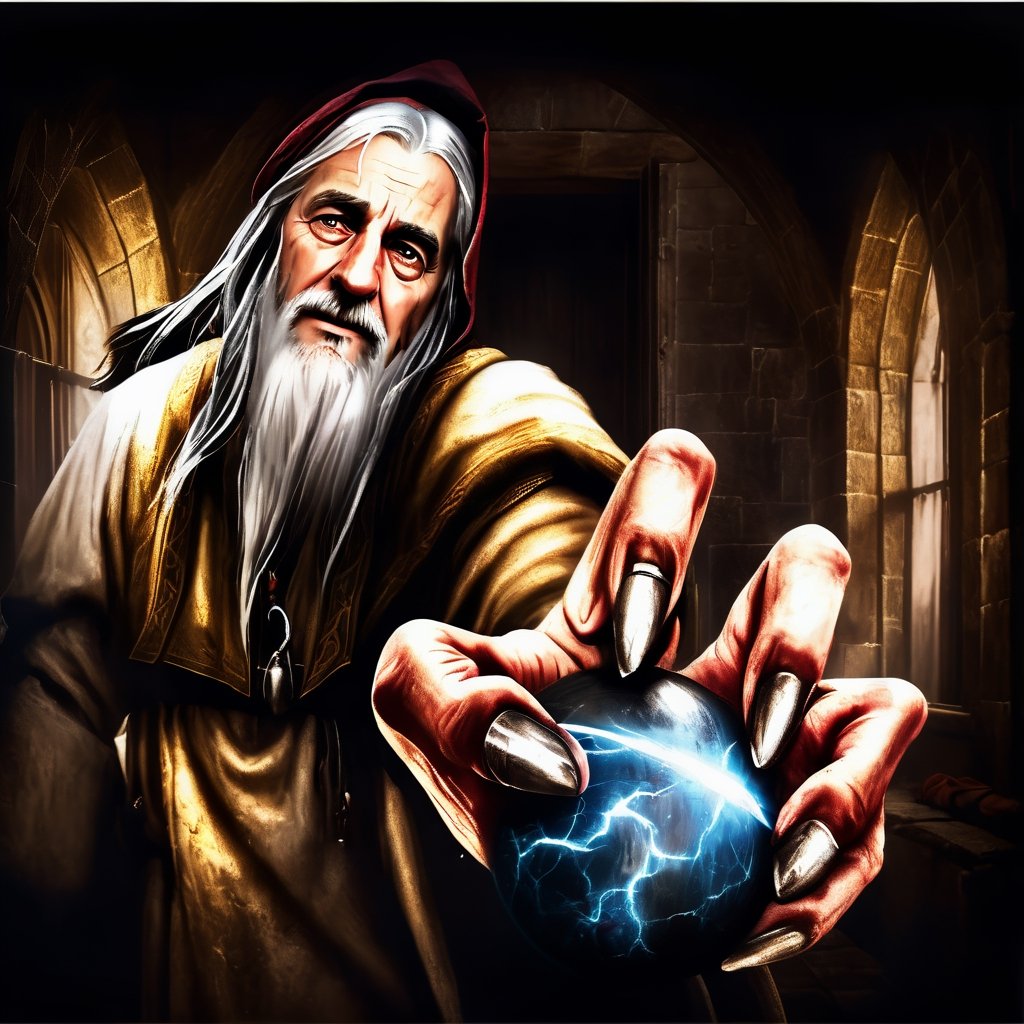 Masterpiece, wizard (old man, long white hair, in gray robe, and sphere of power in hand, in war attack position), inside a medieval castle, realistic, hyper realistic, super high definition, high detailed hands, uniform eyes,  medieval, story, high_resolution, high quality, red_filter, red colorized, (vibrant, photo realistic, realistic, dramatic, dark, sharp focus, 8k), (weathered greasy dirty damaged old worn technician worker outfit:1.1), (intricate:1.1), (highly detailed:1.1), digital painting, octane render, (loish:0.23), (global illumination, studio light, volumetric light),lord of the rings (but careful with the word "lord"),Circle,b3rli,gh3a