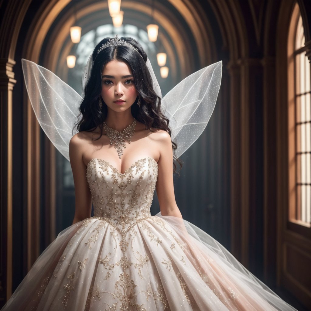 Story, sparkling beautiful eyes, black hair, bride posing under a fairy tale, elaborate scene style, glitter, orange, full body, full body view, realistic style, 8k,exposure blend, medium shot, bokeh, (hdr:1.4), high contrast, (cinematic, dark orange and white film), (muted colors, dim colors, soothing tones:1.3), low saturation, (hyperdetailed:1.2), (noir:0.4),1 girl
