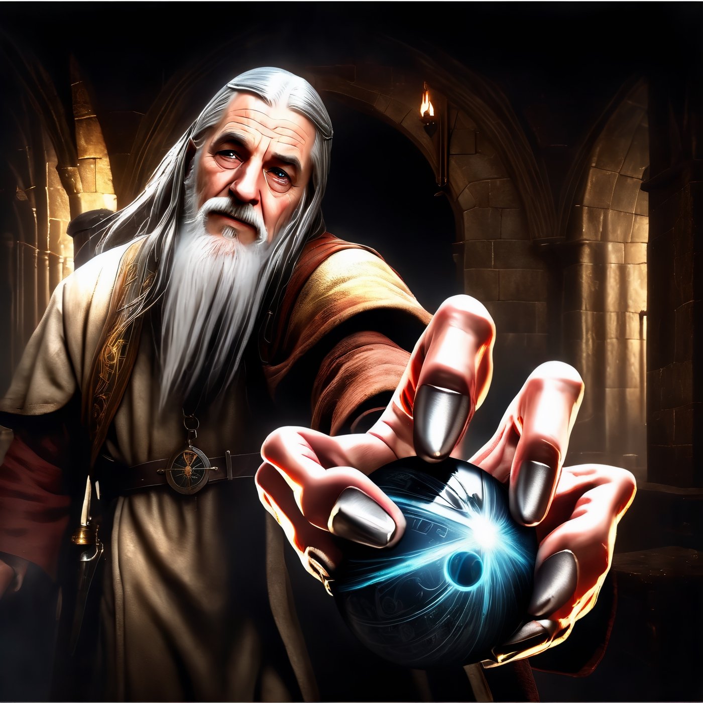 Masterpiece, wizard (old man, long white hair, in gray robe, and sphere of power in 1 hand, in war attack position), inside a medieval castle, realistic, hyper realistic, super high definition, high detailed hands, uniform eyes,  medieval, story, high_resolution, high quality, red_filter, red colorized, (vibrant, photo realistic, realistic, dramatic, dark, sharp focus, 8k), (weathered greasy dirty damaged old worn technician worker outfit:1.1), (intricate:1.1), (highly detailed:1.1), digital painting, octane render, (loish:0.23), (global illumination, studio light, volumetric light),lord of the rings (but careful with the word "lord"),Circle,b3rli,gh3a,AngelicStyle,HZ Steampunk