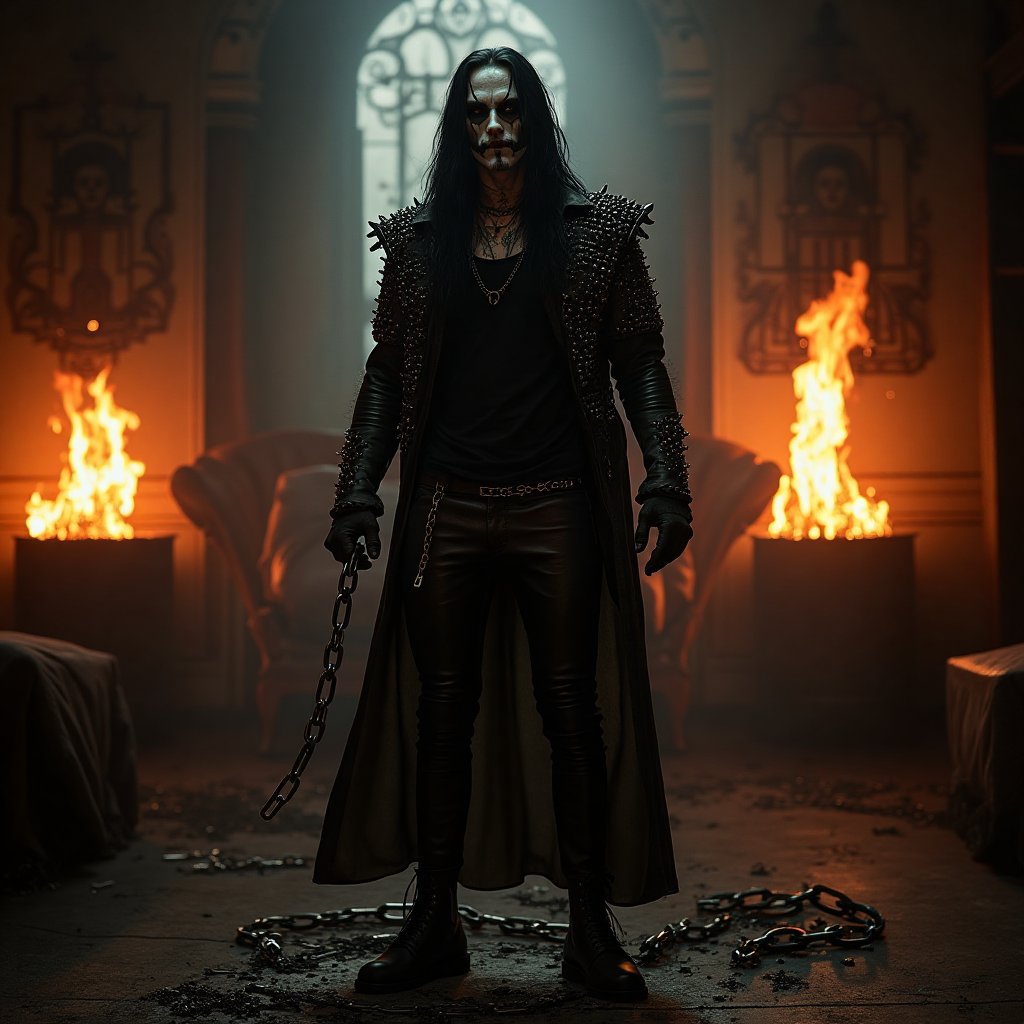 Eric Draven, a powerful metalhead, stands tall in a dark, eerie bedroom. His skull-face makeup glistens with a pale, ghostly complexion, while his long black hair flows like a river of night. He wears a black shirt, metal-spiked leather jacket, and skinny leather pants, adorned with tattoos and facial piercings. In the background, flames engulf the room, casting a fiery glow on the scene. Chains lie broken at Eric's feet, as if he has shattered the shackles that once bound him. chains around. The crow-like atmosphere is enhanced by the presence of goth boys in the shadows, adding to the haunting beauty of this heavy metal-inspired concept art.