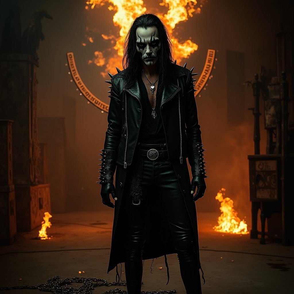 Eric Draven, a powerful metalhead, stands tall in a dark, eerie bedroom. His skull-face makeup glistens with a pale, ghostly complexion, while his long black hair flows like a river of night. He wears a black shirt, metal-spiked leather jacket, and skinny leather pants, adorned with tattoos and facial piercings. In the background, flames engulf the room, slave chains slave chains in the scene, casting a fiery glow on the scene. Chains lie broken at Eric's feet, as if he has shattered the shackles that once bound him. Vlave chains slave chains in the scene. The crow-like atmosphere is enhanced by the presence of goth boys in the shadows, adding to the haunting beauty of this heavy metal-inspired concept art.