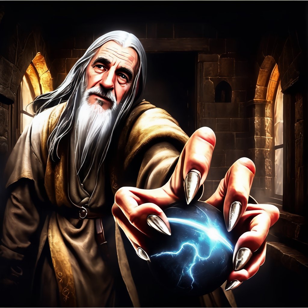 Masterpiece, wizard (old man, long white hair, in gray robe, and sphere of power in 1 hand, in war attack position), inside a medieval castle, realistic, hyper realistic, super high definition, high detailed hands, uniform eyes,  medieval, story, high_resolution, high quality, red_filter, red colorized, (vibrant, photo realistic, realistic, dramatic, dark, sharp focus, 8k), (weathered greasy dirty damaged old worn technician worker outfit:1.1), (intricate:1.1), (highly detailed:1.1), digital painting, octane render, (loish:0.23), (global illumination, studio light, volumetric light),lord of the rings (but careful with the word "lord"),Circle,b3rli,gh3a