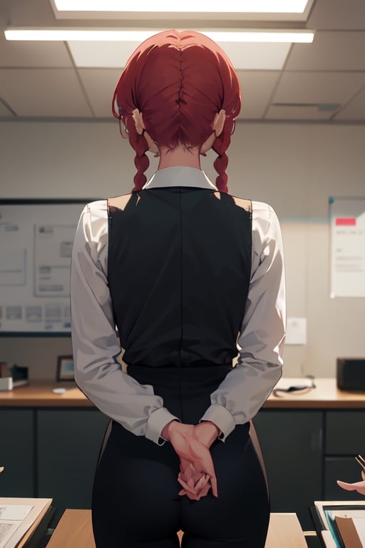 masterpiece, best quality, ultra-detailed, Potrait of beautiful MakimaCSM, solo, shirt, long_sleeves, white_shirt, collared_shirt, pants, from_behind, arms_behind_back, black_pants, formal, suit, arm_behind_back, shirt_tucked_in, facing_away, office_lady, business_suit, high-waist_pants, volumetric lighting, best quality, masterpiece, intricate details, tonemapping, sharp focus, hyper detailed, trending on Artstation, 