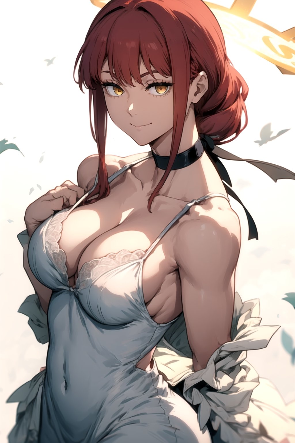 makima\(chainsaw man\), sidelocks, smile, red hair, long hair, large breasts, solo, halo, looking at viewer, dress, yellow eyes, white choker, bare shoulders, 1girl, braided ponytail, ringed eyes, braid, own hands together, white dress, simple background, cleavage, thighs, white background, choker, closed mouth, sleeveless dress