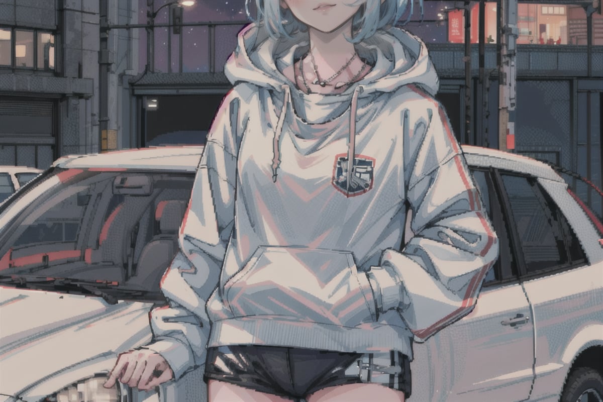 Endsinger,col, 1_Girl, Smiling_at_viewer, shadow_people, ,yofukashi background, No_humans, galaxy_sky, neon_signs, 50mm_lens, Focus_on_girl, timelapse_effect, cars_driving_past,LEGS, eye_closed, arms_crossed, girl_in_hoodie, girl_wearing_thighhighs, girl_has_coy_expression, night_time, citylights, hime_cut_hairstyle, small_gold_necklace, pixel_art