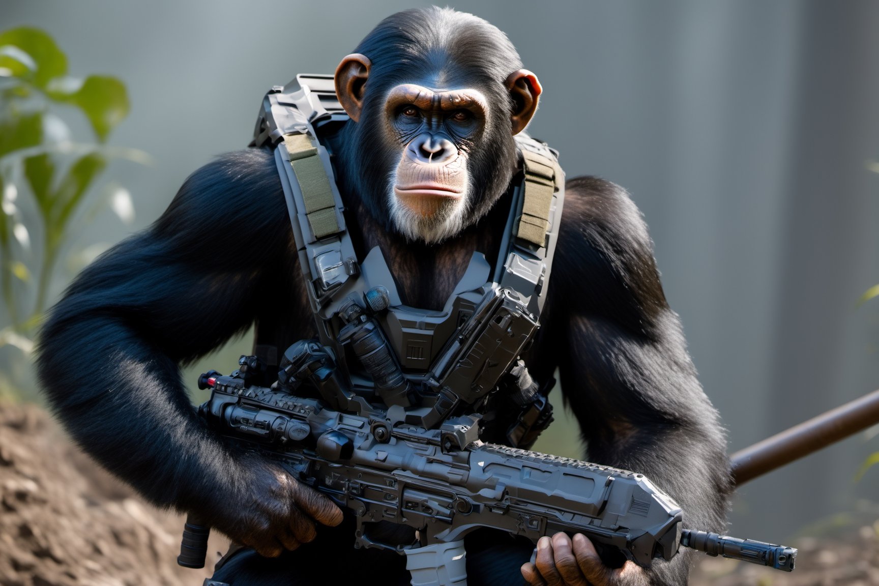 4K, 8K, masterpiece, perfect focus, in_focus, clear focus, best quality, dimly lit, insanely realistic, life like photo, photorealistic long shot of squad of apes futuristic guns raised escorting a sci-fi vehicle with light machine gun mounted on top in a jungle at night like in the movie act of valor, chimps shooting sci-fi guns, chimps aiming rifle, act of valor, genji armor, YAKEDA Full Protection Tactical Tank Top, bomb suit, flak jacket,  cloak, jungle camo armor pattern with neon orange  trim, soldier pants on chimps, aiming guns, firing guns, sci-fi open faced chimp helmet, chimps with cyberpunk headgear, full body armor, weapon master, sword in hand, sword neon glow, neon wrist weapons, bulky weathered space marine armor, perfect eyes, vengeful amber eyes, insanely detailed eyes, hyper realistic eyes, glassy eyes, 4k eyes, sci fi daggers on body, leader sword in hand, leader pistol in hand, leader shotgun, grenades, ultra detailed, flak armor, full body armor, super ripped chimps, huge muscles, neck protection armor, astronaut helmet on chimps, chimp with translucent visored helmet, sci fi helmets, tan weathered and ripped cloaks,  cyberpunk armor, enforcer armor, full sci-fi plate armor, bandoliers, chimps throwing grenades, chimp raising fist, super muscular chimps, artificially enhanced chimps, hyper detailed guns,, guns shouldered, all faces hyper realistic, first two rows faces hyper realistic, Sci fi guns, grumpy gorilla, leader weapon in hand, warrior, warrior armor, leader weathered red matter power suit armor, leader bulky armor, leader detailed eyes, hyper detailed eyes, Extremely detailed face, movie quality face, with a gun, sci-fi armor, cyborg armor, Extremely detailed armor, cyberpunk gasmask, armor glowing trim, helmets, attack stance, combat stance, rifle, raised, pistol raised, random expression, Congo-apes, Billy ape, helmets with face, flak_jackets, juggernaut armor, enforcer, chest armor, chest armor, shin_ armor, battle belts, tools on belt, bandolier, modern body armor, tech gauntlet, wrist armor, weapons, weapons in hand, weapons on back, the end of humanity, hammers, perfect faces, interesting expressions, natural skin, textured skin, hyper detailed faces, Extremely detailed faces, pores, Extremely detailed weapons, Extremely detailed bodies, planet of the apes, HIGH resolution, SUPER resolution, HYPER resolution, HD resolution, BEAUTIFUL, neon signs, Extremely detailed fur, photorealistic fur, caesar from planet of the apes, Landskaper, Devasted landscape, Forest 