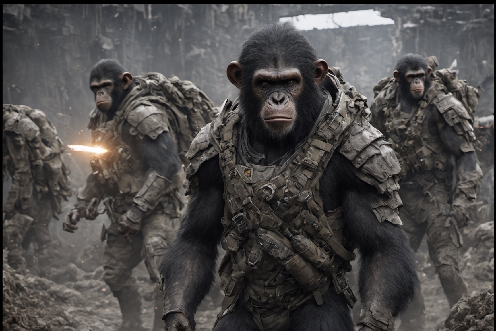 4K, 8K, masterpiece, perfect focus, in_focus, clear focus, best quality, insanely realistic, life like photo, long shot of squad of soldier apes loading into a sci-fi transport helicopter in a mountain base at night like in the movie act of valor, 4k guns, 4k armor, leader yelling or roaring, leader snarling and pointing, smooth panels on guns and armor, chimps yelling, chimps shooting flamethrowers, chimp, hyper detailed fire, 4k fire, ultra detailed and intricate pants, smooth guns, chimps shooting sci-fi guns, chimps aiming rifle, act of valor, genji armor, YAKEDA Full Protection Tactical Tank Top, bomb suit, flak jacket,  cloak, jungle camo armor pattern with neon orange  trim, soldier pants on chimps, holding glowing lightning sword, aiming guns, firing guns, sci-fi open faced chimp helmet, chimps with cyberpunk headgear, full body armor, weapon master, sword in hand, sword neon glow, neon wrist weapons, bulky weathered space marine armor, perfect eyes, vengeful amber eyes, insanely detailed eyes, hyper realistic eyes, glassy eyes, 4k eyes, sci fi daggers on body, leader sword in hand, leader pistol in hand, leader shotgun, grenades, ultra detailed, flak armor, full body armor, super ripped chimps, huge muscles, neck protection armor, astronaut helmet on chimps, chimp with translucent visored helmet, sci fi helmets, tan weathered and ripped cloaks, kukri knife on chestplate, cyberpunk armor, enforcer armor,  full sci-fi plate armor, bandoliers, chimps throwing grenades, chimp raising fist, super muscular chimps, artificially enhanced chimps, intricately detailed guns, hyper detailed guns, intricately detailed weapon detail, guns shouldered, all faces hyper realistic, first two rows faces hyper realistic, Sci fi guns, grumpy gorilla, leader weapon in hand, warrior, warrior armor, leader weathered red matter power suit armor, leader bulky armor, leader detailed eyes, hyper detailed eyes, Extremely detailed face, movie quality face, with a gun, sci-fi armor, cyborg armor, Extremely detailed armor, cyberpunk gasmask, armor glowing trim, helmets, radiance, attack stance, combat stance, rifle, raised, pistol raised, random expression, Congo-apes, Billy ape, helmets with face, flak_jackets, juggernaut armor, enforcer, torches in hand, torches, cinematic fire, chest armor, chest armor, shin_ armor, battle belts, tools on belt, bandolier, modern body armor, tech gauntlet, wrist armor, weapons, weapons in hand, weapons on back, the end of humanity, hammers, perfect faces, interesting expressions, natural skin, textured skin, hyper detailed faces, Extremely detailed faces, pores, Extremely detailed weapons, Extremely detailed bodies, planet of the apes, HIGH resolution, SUPER resolution, HYPER resolution, HD resolution, BEAUTIFUL, neon signs, Extremely detailed fur, photorealistic fur, caesar from planet of the apes