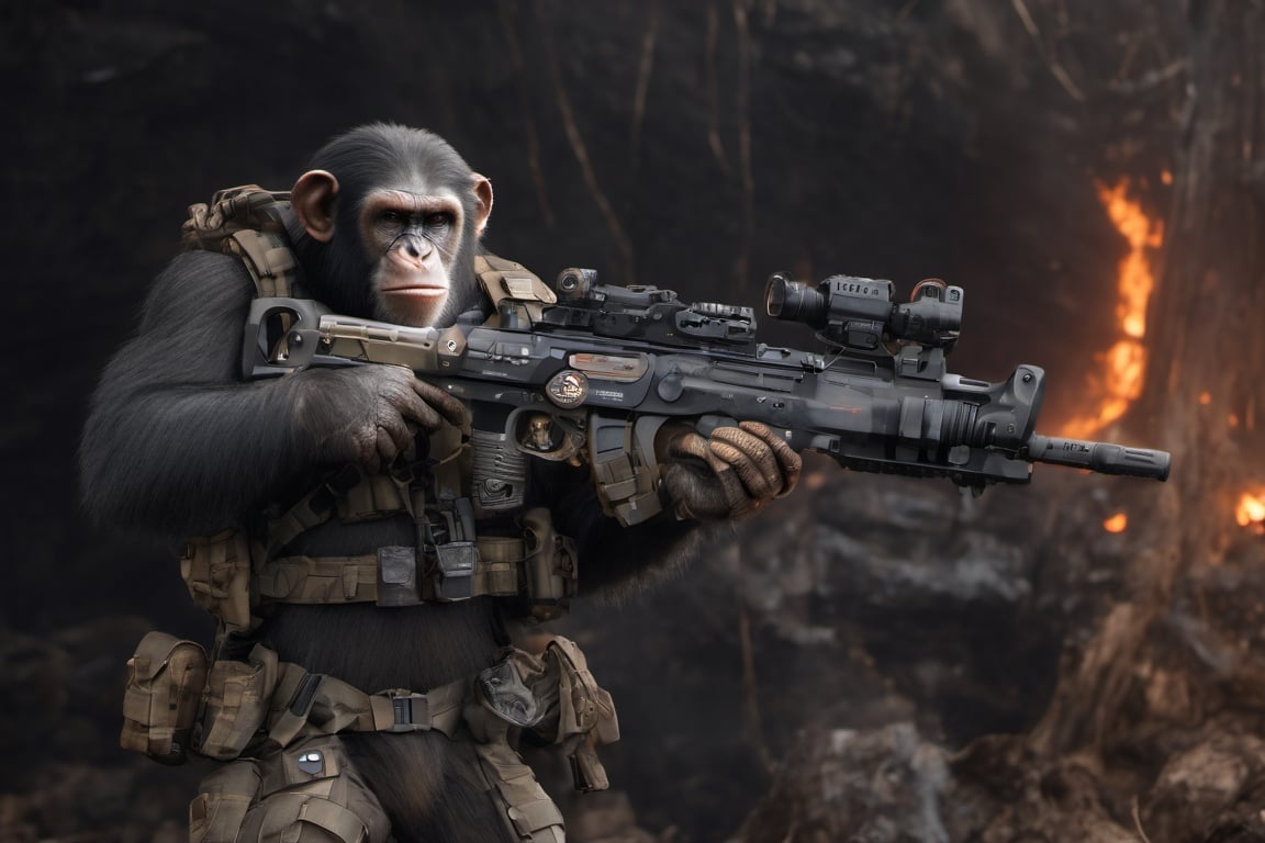 4K, 8K, masterpiece, perfect focus, in_focus, nightime,  clear focus, best quality, dimly lit, cinematic lighting, insanely realistic, life like photo, photorealistic long shot of squad of apes futuristic guns raised escorting a sci-fi vehicle with light machine gun mounted on top in a jungle on fire at night like in the movie act of valor, chimps shooting sci-fi guns, chimps aiming rifle, act of valor, genji armor, YAKEDA Full Protection Tactical Tank Top, bomb suit, flak jacket,  cloak, jungle camo armor pattern with neon orange  trim, soldier pants on chimps, aiming guns, firing guns, sci-fi open faced chimp helmet, chimps with cyberpunk headgear, full body armor, weapon master, sword in hand, sword neon glow, neon wrist weapons, bulky weathered space marine armor, perfect eyes, vengeful amber eyes, insanely detailed eyes, hyper realistic eyes, glassy eyes, 4k eyes, sci fi daggers on body, leader sword in hand, leader pistol in hand, leader shotgun, grenades, ultra detailed, flak armor, full body armor, super ripped chimps, huge muscles, neck protection armor, astronaut helmet on chimps, chimp with translucent visored helmet, sci fi helmets, tan weathered and ripped cloaks,  cyberpunk armor, enforcer armor, full sci-fi plate armor, bandoliers, chimps throwing grenades, chimp raising fist, super muscular chimps, artificially enhanced chimps, hyper detailed guns,, guns shouldered, all faces hyper realistic, first two rows faces hyper realistic, Sci fi guns, grumpy gorilla, leader weapon in hand, warrior, warrior armor, leader weathered red matter power suit armor, leader bulky armor, leader detailed eyes, hyper detailed eyes, Extremely detailed face, movie quality face, with a gun, sci-fi armor, cyborg armor, Extremely detailed armor, cyberpunk gasmask, armor glowing trim, helmets, attack stance, combat stance, rifle, raised, pistol raised, random expression, Congo-apes, Billy ape, helmets with face, flak_jackets, juggernaut armor, enforcer, chest armor, chest armor, shin_ armor, battle belts, tools on belt, bandolier, modern body armor, tech gauntlet, wrist armor, weapons, weapons in hand, weapons on back, the end of humanity, hammers, perfect faces, interesting expressions, natural skin, textured skin, hyper detailed faces, Extremely detailed faces, pores, Extremely detailed weapons, Extremely detailed bodies, planet of the apes, HIGH resolution, SUPER resolution, HYPER resolution, HD resolution, BEAUTIFUL, neon signs, Extremely detailed fur, photorealistic fur, caesar from planet of the apes, Landskaper, Devasted landscape, Forest 