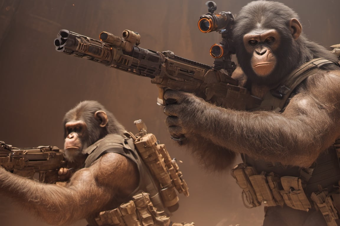 4K, 8K, masterpiece, perfect focus, in_focus, clear focus, best quality, insanely realistic, life like photo, photorealistic long shot of squad of apes futuristic guns raised escorting a sci-fi vehicle with light machine gun mounted on top in a jungle at night like in the movie act of valor, chimps shooting sci-fi guns, chimps aiming rifle, act of valor, genji armor, YAKEDA Full Protection Tactical Tank Top, bomb suit, flak jacket,  cloak, jungle camo armor pattern with neon orange  trim, soldier pants on chimps, aiming guns, firing guns, sci-fi open faced chimp helmet, chimps with cyberpunk headgear, full body armor, weapon master, sword in hand, sword neon glow, neon wrist weapons, bulky weathered space marine armor, perfect eyes, vengeful amber eyes, insanely detailed eyes, hyper realistic eyes, glassy eyes, 4k eyes, sci fi daggers on body, leader sword in hand, leader pistol in hand, leader shotgun, grenades, ultra detailed, flak armor, full body armor, super ripped chimps, huge muscles, neck protection armor, astronaut helmet on chimps, chimp with translucent visored helmet, sci fi helmets, tan weathered and ripped cloaks,  cyberpunk armor, enforcer armor,  full sci-fi plate armor, bandoliers, chimps throwing grenades, chimp raising fist, super muscular chimps, artificially enhanced chimps, intricately detailed guns, hyper detailed guns, intricately detailed weapon detail, guns shouldered, all faces hyper realistic, first two rows faces hyper realistic, Sci fi guns, grumpy gorilla, leader weapon in hand, warrior, warrior armor, leader weathered red matter power suit armor, leader bulky armor, leader detailed eyes, hyper detailed eyes, Extremely detailed face, movie quality face, with a gun, sci-fi armor, cyborg armor, Extremely detailed armor, cyberpunk gasmask, armor glowing trim, helmets, radiance, attack stance, combat stance, rifle, raised, pistol raised, random expression, Congo-apes, Billy ape, helmets with face, flak_jackets, juggernaut armor, enforcer, chest armor, chest armor, shin_ armor, battle belts, tools on belt, bandolier, modern body armor, tech gauntlet, wrist armor, weapons, weapons in hand, weapons on back, the end of humanity, hammers, perfect faces, interesting expressions, natural skin, textured skin, hyper detailed faces, Extremely detailed faces, pores, Extremely detailed weapons, Extremely detailed bodies, planet of the apes, HIGH resolution, SUPER resolution, HYPER resolution, HD resolution, BEAUTIFUL, neon signs, Extremely detailed fur, photorealistic fur, caesar from planet of the apes, Landskaper, Devasted landscape , Forest 