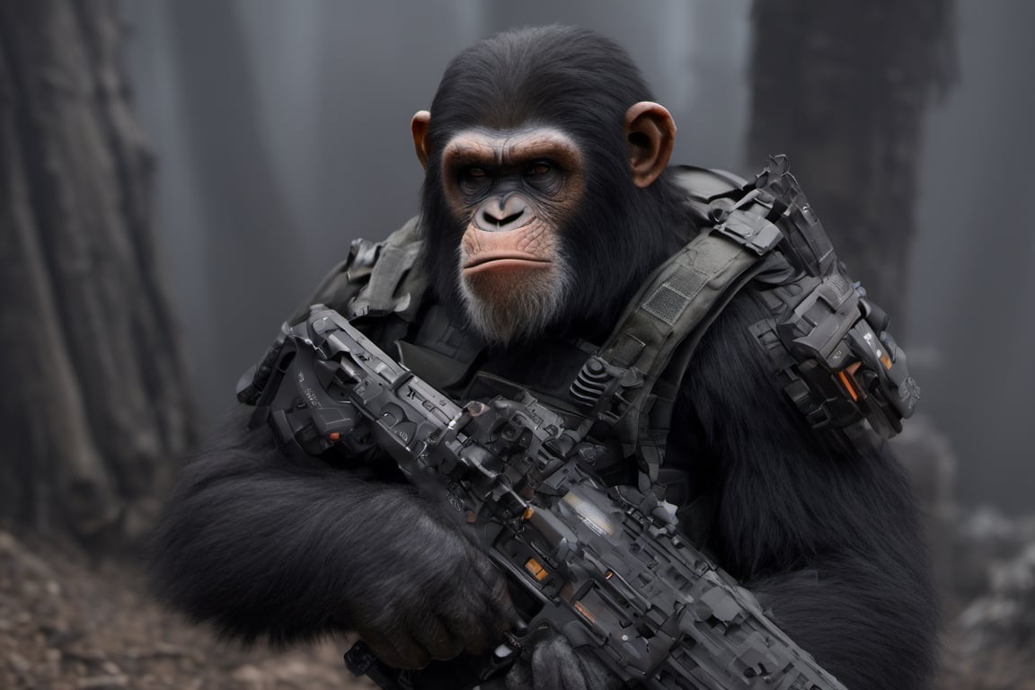 4K, 8K, masterpiece, perfect focus, in_focus, clear focus, best quality, insanely realistic, life like photo, photorealistic long shot of squad of apes futuristic guns raised escorting a sci-fi vehicle with light machine gun mounted on top in a jungle at night like in the movie act of valor, chimps shooting sci-fi guns, chimps aiming rifle, act of valor, genji armor, YAKEDA Full Protection Tactical Tank Top, bomb suit, flak jacket,  cloak, jungle camo armor pattern with neon orange  trim, soldier pants on chimps, aiming guns, firing guns, sci-fi open faced chimp helmet, chimps with cyberpunk headgear, full body armor, weapon master, sword in hand, sword neon glow, neon wrist weapons, bulky weathered space marine armor, perfect eyes, vengeful amber eyes, insanely detailed eyes, hyper realistic eyes, glassy eyes, 4k eyes, sci fi daggers on body, leader sword in hand, leader pistol in hand, leader shotgun, grenades, ultra detailed, flak armor, full body armor, super ripped chimps, huge muscles, neck protection armor, astronaut helmet on chimps, chimp with translucent visored helmet, sci fi helmets, tan weathered and ripped cloaks,  cyberpunk armor, enforcer armor,  full sci-fi plate armor, bandoliers, chimps throwing grenades, chimp raising fist, super muscular chimps, artificially enhanced chimps, intricately detailed guns, hyper detailed guns, intricately detailed weapon detail, guns shouldered, all faces hyper realistic, first two rows faces hyper realistic, Sci fi guns, grumpy gorilla, leader weapon in hand, warrior, warrior armor, leader weathered red matter power suit armor, leader bulky armor, leader detailed eyes, hyper detailed eyes, Extremely detailed face, movie quality face, with a gun, sci-fi armor, cyborg armor, Extremely detailed armor, cyberpunk gasmask, armor glowing trim, helmets, radiance, attack stance, combat stance, rifle, raised, pistol raised, random expression, Congo-apes, Billy ape, helmets with face, flak_jackets, juggernaut armor, enforcer, chest armor, chest armor, shin_ armor, battle belts, tools on belt, bandolier, modern body armor, tech gauntlet, wrist armor, weapons, weapons in hand, weapons on back, the end of humanity, hammers, perfect faces, interesting expressions, natural skin, textured skin, hyper detailed faces, Extremely detailed faces, pores, Extremely detailed weapons, Extremely detailed bodies, planet of the apes, HIGH resolution, SUPER resolution, HYPER resolution, HD resolution, BEAUTIFUL, neon signs, Extremely detailed fur, photorealistic fur, caesar from planet of the apes, Landskaper, Devasted landscape , Forest 