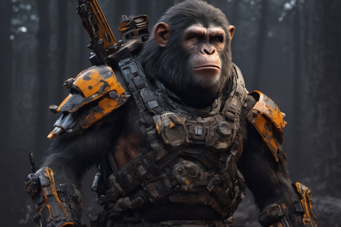 4K, 8K, masterpiece, perfect focus, in_focus, clear focus, best quality, insanely realistic, life like photo, long shot of squad of apes futuristic guns raised sneaking into a human base in a jungle at night like in the movie act of valor, chimps shooting sci-fi guns, chimps aiming rifle, act of valor, genji armor, YAKEDA Full Protection Tactical Tank Top, bomb suit, flak jacket,  cloak, jungle camo armor pattern with neon orange  trim, soldier pants on chimps, holding glowing lightning sword, aiming guns, firing guns, sci-fi open faced chimp helmet, chimps with cyberpunk headgear, full body armor, weapon master, sword in hand, sword neon glow, neon wrist weapons, bulky weathered space marine armor, perfect eyes, vengeful amber eyes, insanely detailed eyes, hyper realistic eyes, glassy eyes, 4k eyes, sci fi daggers on body, leader sword in hand, leader pistol in hand, leader shotgun, grenades, ultra detailed, flak armor, full body armor, super ripped chimps, huge muscles, neck protection armor, astronaut helmet on chimps, chimp with translucent visored helmet, sci fi helmets, tan weathered and ripped cloaks,  cyberpunk armor, enforcer armor,  full sci-fi plate armor, bandoliers, chimps throwing grenades, chimp raising fist, super muscular chimps, artificially enhanced chimps, intricately detailed guns, hyper detailed guns, intricately detailed weapon detail, guns shouldered, all faces hyper realistic, first two rows faces hyper realistic, Sci fi guns, grumpy gorilla, leader weapon in hand, warrior, warrior armor, leader weathered red matter power suit armor, leader bulky armor, leader detailed eyes, hyper detailed eyes, Extremely detailed face, movie quality face, with a gun, sci-fi armor, cyborg armor, Extremely detailed armor, cyberpunk gasmask, armor glowing trim, helmets, radiance, attack stance, combat stance, rifle, raised, pistol raised, random expression, Congo-apes, Billy ape, helmets with face, flak_jackets, juggernaut armor, enforcer, torches in hand, torches, cinematic fire, chest armor, chest armor, shin_ armor, battle belts, tools on belt, bandolier, modern body armor, tech gauntlet, wrist armor, weapons, weapons in hand, weapons on back, the end of humanity, hammers, perfect faces, interesting expressions, natural skin, textured skin, hyper detailed faces, Extremely detailed faces, pores, Extremely detailed weapons, Extremely detailed bodies, planet of the apes, HIGH resolution, SUPER resolution, HYPER resolution, HD resolution, BEAUTIFUL, neon signs, Extremely detailed fur, photorealistic fur, caesar from planet of the apes