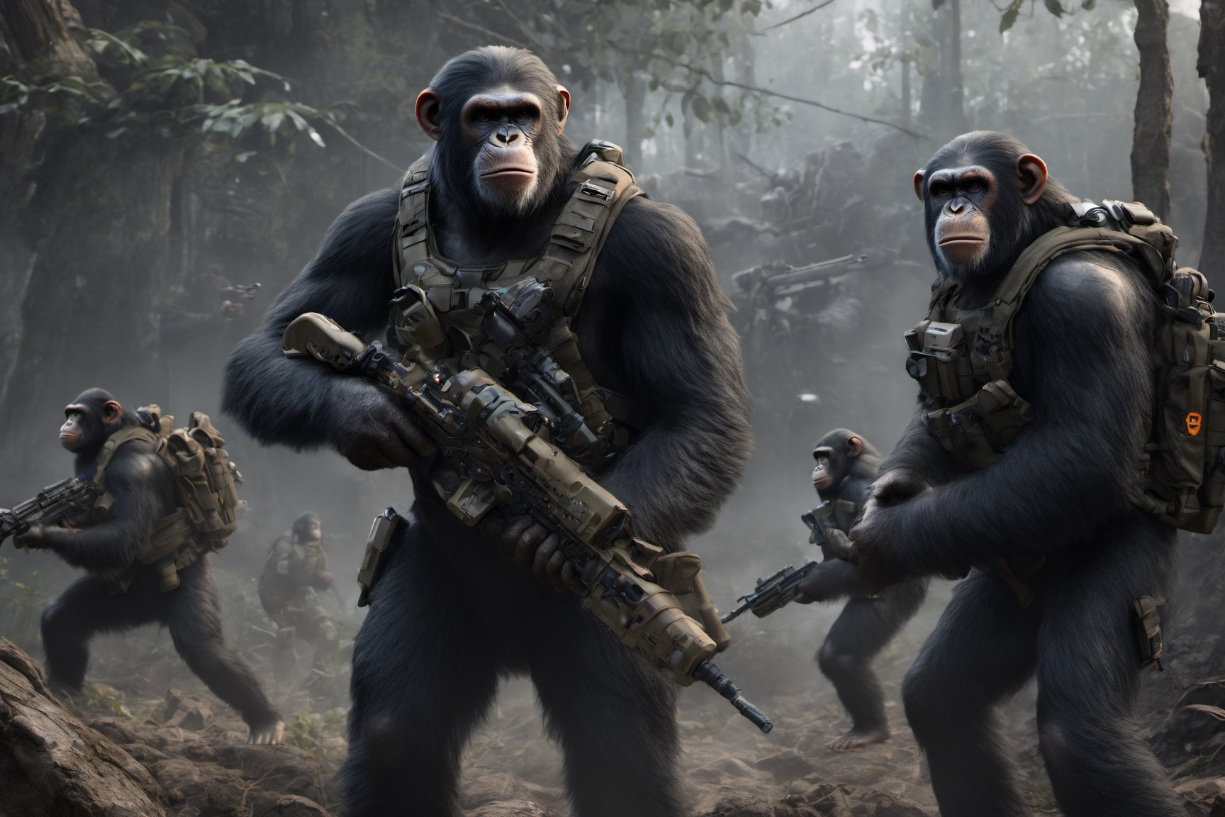 4K, 8K, masterpiece, perfect focus, in_focus, clear focus, best quality, dimly lit, cinematic lighting, perfect saturation, realistic shadows, realistic lighting, insanely realistic, life like photo, photorealistic long shot of squad of apes futuristic guns raised escorting a sci-fi vehicle with light machine gun mounted on top in a jungle at night like in the movie act of valor, chimps shooting sci-fi guns, chimps aiming rifle, act of valor, genji armor, YAKEDA Full Protection Tactical Tank Top, bomb suit, flak jacket,  cloak, jungle camo armor pattern with neon orange  trim, soldier pants on chimps, aiming guns, firing guns, sci-fi open faced chimp helmet, chimps with cyberpunk headgear, full body armor, weapon master, sword in hand, sword neon glow, neon wrist weapons, bulky weathered space marine armor, perfect eyes, vengeful amber eyes, insanely detailed eyes, hyper realistic eyes, glassy eyes, 4k eyes, sci fi daggers on body, leader sword in hand, leader pistol in hand, leader shotgun, grenades, ultra detailed, flak armor, full body armor, super ripped chimps, huge muscles, neck protection armor, astronaut helmet on chimps, chimp with translucent visored helmet, sci fi helmets, tan weathered and ripped cloaks,  cyberpunk armor, enforcer armor, full sci-fi plate armor, bandoliers, chimps throwing grenades, chimp raising fist, super muscular chimps, artificially enhanced chimps, hyper detailed guns,, guns shouldered, all faces hyper realistic, first two rows faces hyper realistic, Sci fi guns, grumpy gorilla, leader weapon in hand, warrior, warrior armor, leader weathered red matter power suit armor, leader bulky armor, leader detailed eyes, hyper detailed eyes, Extremely detailed face, movie quality face, with a gun, sci-fi armor, cyborg armor, Extremely detailed armor, cyberpunk gasmask, armor glowing trim, helmets, attack stance, combat stance, rifle, raised, pistol raised, random expression, Congo-apes, Billy ape, helmets with face, flak_jackets, juggernaut armor, enforcer, chest armor, chest armor, shin_ armor, battle belts, tools on belt, bandolier, modern body armor, tech gauntlet, wrist armor, weapons, weapons in hand, weapons on back, the end of humanity, hammers, perfect faces, interesting expressions, natural skin, textured skin, hyper detailed faces, Extremely detailed faces, pores, Extremely detailed weapons, Extremely detailed bodies, planet of the apes, HIGH resolution, SUPER resolution, HYPER resolution, HD resolution, BEAUTIFUL, neon signs, Extremely detailed fur, photorealistic fur, caesar from planet of the apes, Landskaper, soft lighting, soft, Devasted landscape, Forest ,6000