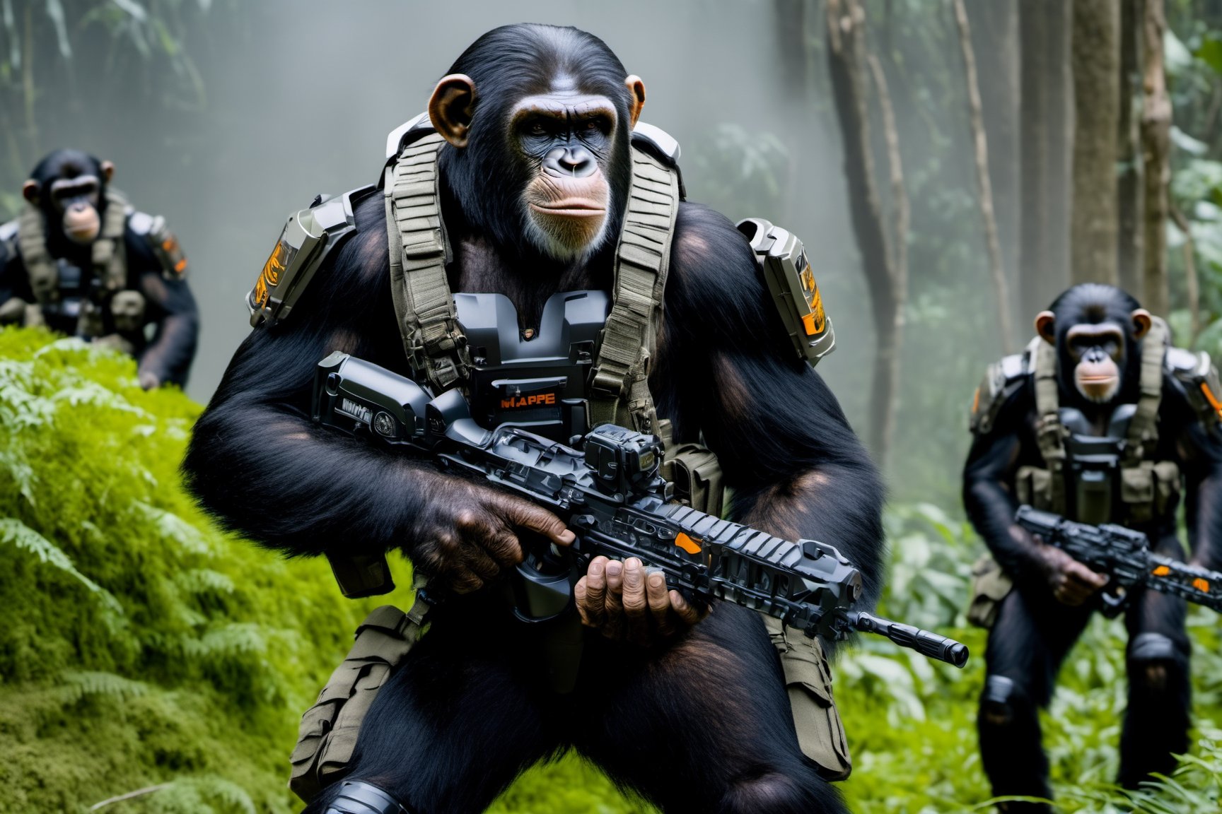 4K, 8K, masterpiece, perfect focus, in_focus, clear focus, best quality, dimly lit, cinematic lighting, insanely realistic, life like photo, photorealistic long shot of squad of apes futuristic guns raised escorting a sci-fi vehicle with light machine gun mounted on top in a jungle at night like in the movie act of valor, chimps shooting sci-fi guns, chimps aiming rifle, act of valor, genji armor, YAKEDA Full Protection Tactical Tank Top, bomb suit, flak jacket,  cloak, jungle camo armor pattern with neon orange  trim, soldier pants on chimps, aiming guns, firing guns, sci-fi open faced chimp helmet, chimps with cyberpunk headgear, full body armor, weapon master, sword in hand, sword neon glow, neon wrist weapons, bulky weathered space marine armor, perfect eyes, vengeful amber eyes, insanely detailed eyes, hyper realistic eyes, glassy eyes, 4k eyes, sci fi daggers on body, leader sword in hand, leader pistol in hand, leader shotgun, grenades, ultra detailed, flak armor, full body armor, super ripped chimps, huge muscles, neck protection armor, astronaut helmet on chimps, chimp with translucent visored helmet, sci fi helmets, tan weathered and ripped cloaks,  cyberpunk armor, enforcer armor, full sci-fi plate armor, bandoliers, chimps throwing grenades, chimp raising fist, super muscular chimps, artificially enhanced chimps, hyper detailed guns,, guns shouldered, all faces hyper realistic, first two rows faces hyper realistic, Sci fi guns, grumpy gorilla, leader weapon in hand, warrior, warrior armor, leader weathered red matter power suit armor, leader bulky armor, leader detailed eyes, hyper detailed eyes, Extremely detailed face, movie quality face, with a gun, sci-fi armor, cyborg armor, Extremely detailed armor, cyberpunk gasmask, armor glowing trim, helmets, attack stance, combat stance, rifle, raised, pistol raised, random expression, Congo-apes, Billy ape, helmets with face, flak_jackets, juggernaut armor, enforcer, chest armor, chest armor, shin_ armor, battle belts, tools on belt, bandolier, modern body armor, tech gauntlet, wrist armor, weapons, weapons in hand, weapons on back, the end of humanity, hammers, perfect faces, interesting expressions, natural skin, textured skin, hyper detailed faces, Extremely detailed faces, pores, Extremely detailed weapons, Extremely detailed bodies, planet of the apes, HIGH resolution, SUPER resolution, HYPER resolution, HD resolution, BEAUTIFUL, neon signs, Extremely detailed fur, photorealistic fur, caesar from planet of the apes, Landskaper, Devasted landscape, Forest 