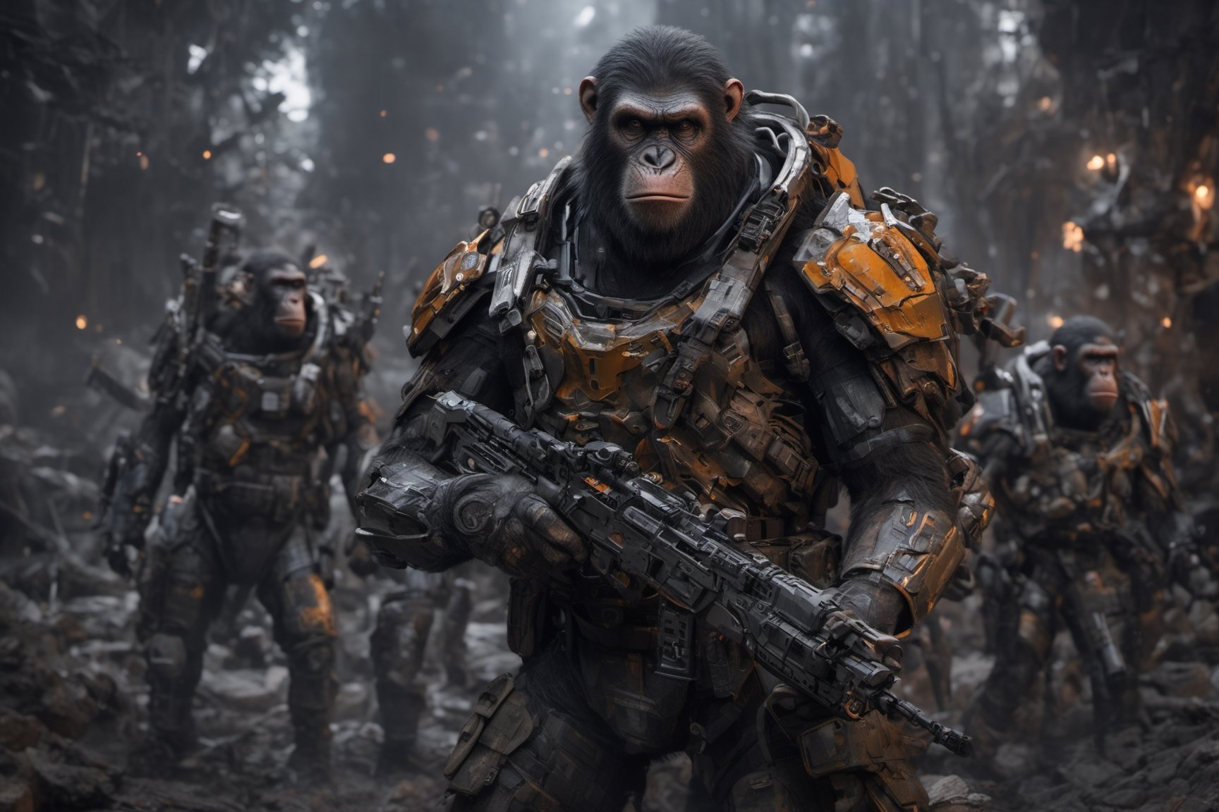 4K, 8K, masterpiece, perfect focus, in_focus, clear focus, best quality, insanely realistic, life like photo, long shot of squad of apes futuristic guns raised sneaking into a human base in a jungle at night like in the movie act of valor, chimps shooting sci-fi guns, chimps aiming rifle, act of valor, genji armor, YAKEDA Full Protection Tactical Tank Top, bomb suit, flak jacket,  cloak, jungle camo armor pattern with neon orange  trim, soldier pants on chimps, holding glowing lightning sword, aiming guns, firing guns, sci-fi open faced chimp helmet, chimps with cyberpunk headgear, full body armor, weapon master, sword in hand, sword neon glow, neon wrist weapons, bulky weathered space marine armor, perfect eyes, vengeful amber eyes, insanely detailed eyes, hyper realistic eyes, glassy eyes, 4k eyes, sci fi daggers on body, leader sword in hand, leader pistol in hand, leader shotgun, grenades, ultra detailed, flak armor, full body armor, super ripped chimps, huge muscles, neck protection armor, astronaut helmet on chimps, chimp with translucent visored helmet, sci fi helmets, tan weathered and ripped cloaks,  cyberpunk armor, enforcer armor,  full sci-fi plate armor, bandoliers, chimps throwing grenades, chimp raising fist, super muscular chimps, artificially enhanced chimps, intricately detailed guns, hyper detailed guns, intricately detailed weapon detail, guns shouldered, all faces hyper realistic, first two rows faces hyper realistic, Sci fi guns, grumpy gorilla, leader weapon in hand, warrior, warrior armor, leader weathered red matter power suit armor, leader bulky armor, leader detailed eyes, hyper detailed eyes, Extremely detailed face, movie quality face, with a gun, sci-fi armor, cyborg armor, Extremely detailed armor, cyberpunk gasmask, armor glowing trim, helmets, radiance, attack stance, combat stance, rifle, raised, pistol raised, random expression, Congo-apes, Billy ape, helmets with face, flak_jackets, juggernaut armor, enforcer, torches in hand, torches, cinematic fire, chest armor, chest armor, shin_ armor, battle belts, tools on belt, bandolier, modern body armor, tech gauntlet, wrist armor, weapons, weapons in hand, weapons on back, the end of humanity, hammers, perfect faces, interesting expressions, natural skin, textured skin, hyper detailed faces, Extremely detailed faces, pores, Extremely detailed weapons, Extremely detailed bodies, planet of the apes, HIGH resolution, SUPER resolution, HYPER resolution, HD resolution, BEAUTIFUL, neon signs, Extremely detailed fur, photorealistic fur, caesar from planet of the apes