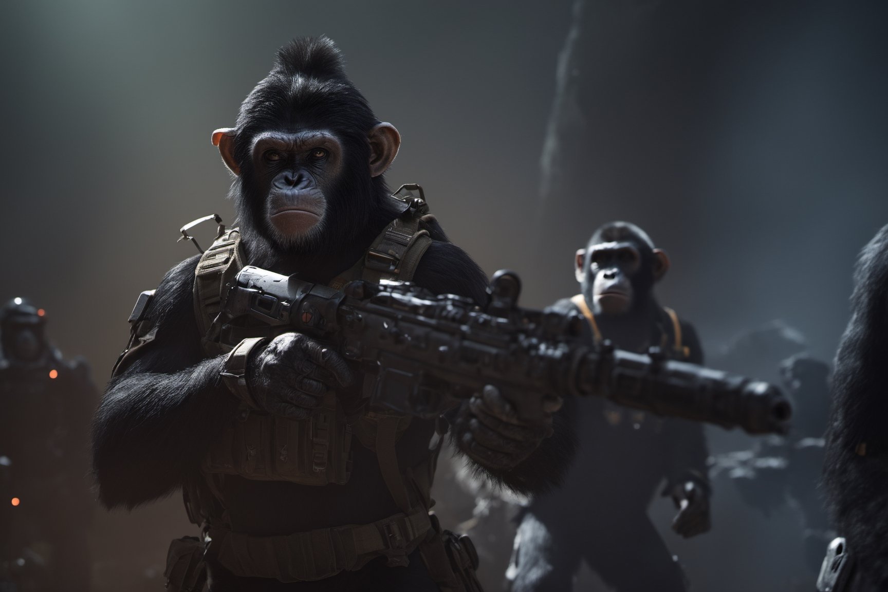 4K, 8K, masterpiece, perfect focus, in_focus, clear focus, best quality, insanely realistic, life like photo, photorealistic long shot of squad of apes futuristic guns raised escorting a sci-fi vehicle with light machine gun mounted on top in a jungle at night like in the movie act of valor, chimps shooting sci-fi guns, chimps aiming rifle, act of valor, genji armor, YAKEDA Full Protection Tactical Tank Top, bomb suit, flak jacket,  cloak, jungle camo armor pattern with neon orange  trim, soldier pants on chimps, aiming guns, firing guns, sci-fi open faced chimp helmet, chimps with cyberpunk headgear, full body armor, weapon master, sword in hand, sword neon glow, neon wrist weapons, bulky weathered space marine armor, perfect eyes, vengeful amber eyes, insanely detailed eyes, hyper realistic eyes, glassy eyes, 4k eyes, sci fi daggers on body, leader sword in hand, leader pistol in hand, leader shotgun, grenades, ultra detailed, flak armor, full body armor, super ripped chimps, huge muscles, neck protection armor, astronaut helmet on chimps, chimp with translucent visored helmet, sci fi helmets, tan weathered and ripped cloaks,  cyberpunk armor, enforcer armor,  full sci-fi plate armor, bandoliers, chimps throwing grenades, chimp raising fist, super muscular chimps, artificially enhanced chimps, intricately detailed guns, hyper detailed guns, intricately detailed weapon detail, guns shouldered, all faces hyper realistic, first two rows faces hyper realistic, Sci fi guns, grumpy gorilla, leader weapon in hand, warrior, warrior armor, leader weathered red matter power suit armor, leader bulky armor, leader detailed eyes, hyper detailed eyes, Extremely detailed face, movie quality face, with a gun, sci-fi armor, cyborg armor, Extremely detailed armor, cyberpunk gasmask, armor glowing trim, helmets, radiance, attack stance, combat stance, rifle, raised, pistol raised, random expression, Congo-apes, Billy ape, helmets with face, flak_jackets, juggernaut armor, enforcer, chest armor, chest armor, shin_ armor, battle belts, tools on belt, bandolier, modern body armor, tech gauntlet, wrist armor, weapons, weapons in hand, weapons on back, the end of humanity, hammers, perfect faces, interesting expressions, natural skin, textured skin, hyper detailed faces, Extremely detailed faces, pores, Extremely detailed weapons, Extremely detailed bodies, planet of the apes, HIGH resolution, SUPER resolution, HYPER resolution, HD resolution, BEAUTIFUL, neon signs, Extremely detailed fur, photorealistic fur, caesar from planet of the apes, Landskaper, Devasted landscape , Forest 