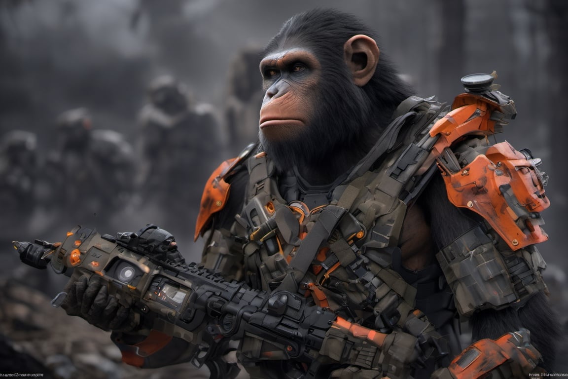 4K, 8K, masterpiece, perfect focus, in_focus, clear focus, best quality, insanely realistic, life like photo, long shot of squad of apes futuristic guns raised sneaking into a human base in a jungle at night like in the movie act of valor, chimps shooting sci-fi guns, chimps aiming rifle, act of valor, genji armor, YAKEDA Full Protection Tactical Tank Top, bomb suit, flak jacket,  cloak, jungle camo armor pattern with neon orange  trim, soldier pants on chimps, holding glowing lightning sword, aiming guns, firing guns, sci-fi open faced chimp helmet, chimps with cyberpunk headgear, full body armor, weapon master, sword in hand, sword neon glow, neon wrist weapons, bulky weathered space marine armor, perfect eyes, vengeful amber eyes, insanely detailed eyes, hyper realistic eyes, glassy eyes, 4k eyes, sci fi daggers on body, leader sword in hand, leader pistol in hand, leader shotgun, grenades, ultra detailed, flak armor, full body armor, super ripped chimps, huge muscles, neck protection armor, astronaut helmet on chimps, chimp with translucent visored helmet, sci fi helmets, tan weathered and ripped cloaks,  cyberpunk armor, enforcer armor,  full sci-fi plate armor, bandoliers, chimps throwing grenades, chimp raising fist, super muscular chimps, artificially enhanced chimps, intricately detailed guns, hyper detailed guns, intricately detailed weapon detail, guns shouldered, all faces hyper realistic, first two rows faces hyper realistic, Sci fi guns, grumpy gorilla, leader weapon in hand, warrior, warrior armor, leader weathered red matter power suit armor, leader bulky armor, leader detailed eyes, hyper detailed eyes, Extremely detailed face, movie quality face, with a gun, sci-fi armor, cyborg armor, Extremely detailed armor, cyberpunk gasmask, armor glowing trim, helmets, radiance, attack stance, combat stance, rifle, raised, pistol raised, random expression, Congo-apes, Billy ape, helmets with face, flak_jackets, juggernaut armor, enforcer, torches in hand, torches, cinematic fire, chest armor, chest armor, shin_ armor, battle belts, tools on belt, bandolier, modern body armor, tech gauntlet, wrist armor, weapons, weapons in hand, weapons on back, the end of humanity, hammers, perfect faces, interesting expressions, natural skin, textured skin, hyper detailed faces, Extremely detailed faces, pores, Extremely detailed weapons, Extremely detailed bodies, planet of the apes, HIGH resolution, SUPER resolution, HYPER resolution, HD resolution, BEAUTIFUL, neon signs, Extremely detailed fur, photorealistic fur, caesar from planet of the apes