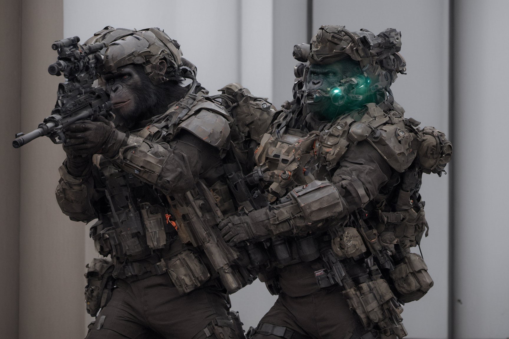 4K, 8K, masterpiece, perfect focus, in_focus, clear focus, best quality, insanely realistic, life like photo, photorealistic long shot of squad of apes futuristic guns raised patrolling sci-fi brutalist city street at night like in the movie act of valor, chimps shooting sci-fi guns, chimps aiming rifle, act of valor, genji armor, YAKEDA Full Protection Tactical Tank Top, bomb suit, flak jacket,  cloak, jungle camo armor pattern with neon orange  trim, soldier pants on chimps, aiming guns, firing guns, sci-fi open faced chimp helmet, chimps with cyberpunk headgear, full body armor, weapon master, sword in hand, sword neon glow, neon wrist weapons, bulky weathered space marine armor, perfect eyes, vengeful amber eyes, insanely detailed eyes, hyper realistic eyes, glassy eyes, 4k eyes, sci fi daggers on body, leader sword in hand, leader pistol in hand, leader shotgun, grenades, ultra detailed, flak armor, full body armor, super ripped chimps, huge muscles, neck protection armor, astronaut helmet on chimps, chimp with translucent visored helmet, sci fi helmets, tan weathered and ripped cloaks,  cyberpunk armor, enforcer armor,  full sci-fi plate armor, bandoliers, chimps throwing grenades, chimp raising fist, super muscular chimps, artificially enhanced chimps, intricately detailed guns, hyper detailed guns, intricately detailed weapon detail, guns shouldered, all faces hyper realistic, first two rows faces hyper realistic, Sci fi guns, grumpy gorilla, leader weapon in hand, warrior, warrior armor, leader weathered red matter power suit armor, leader bulky armor, leader detailed eyes, hyper detailed eyes, Extremely detailed face, movie quality face, with a gun, sci-fi armor, cyborg armor, Extremely detailed armor, cyberpunk gasmask, armor glowing trim, helmets, radiance, attack stance, combat stance, rifle, raised, pistol raised, random expression, Congo-apes, Billy ape, helmets with face, flak_jackets, juggernaut armor, enforcer, chest armor, chest armor, shin_ armor, battle belts, tools on belt, bandolier, modern body armor, tech gauntlet, wrist armor, weapons, weapons in hand, weapons on back, the end of humanity, hammers, perfect faces, interesting expressions, natural skin, textured skin, hyper detailed faces, Extremely detailed faces, pores, Extremely detailed weapons, Extremely detailed bodies, planet of the apes, HIGH resolution, SUPER resolution, HYPER resolution, HD resolution, BEAUTIFUL, neon signs, Extremely detailed fur, photorealistic fur, caesar from planet of the apes, Landskaper, Devasted landscape , Forest 