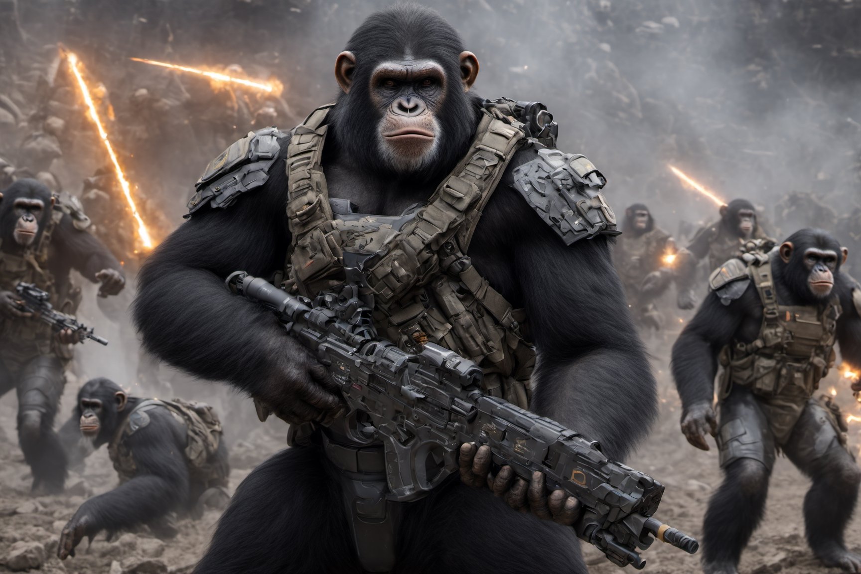 4K, 8K, masterpiece, perfect focus, in_focus, clear focus, best quality, insanely realistic, life like photo, long shot of squad of apes shooting futuristic flamethrowers assaulting a human base in a mountain base at night like in the movie act of valor, 4k guns, 4k armor, chimps yelling, chimps shooting flamethrowers, hyper detailed fire, 4k fire, smooth guns, chimps shooting sci-fi guns, chimps aiming rifle, act of valor, genji armor, YAKEDA Full Protection Tactical Tank Top, bomb suit, flak jacket,  cloak, jungle camo armor pattern with neon orange  trim, soldier pants on chimps, holding glowing lightning sword, aiming guns, firing guns, sci-fi open faced chimp helmet, chimps with cyberpunk headgear, full body armor, weapon master, sword in hand, sword neon glow, neon wrist weapons, bulky weathered space marine armor, perfect eyes, vengeful amber eyes, insanely detailed eyes, hyper realistic eyes, glassy eyes, 4k eyes, sci fi daggers on body, leader sword in hand, leader pistol in hand, leader shotgun, grenades, ultra detailed, flak armor, full body armor, super ripped chimps, huge muscles, neck protection armor, astronaut helmet on chimps, chimp with translucent visored helmet, sci fi helmets, tan weathered and ripped cloaks,  cyberpunk armor, enforcer armor,  full sci-fi plate armor, bandoliers, chimps throwing grenades, chimp raising fist, super muscular chimps, artificially enhanced chimps, intricately detailed guns, hyper detailed guns, intricately detailed weapon detail, guns shouldered, all faces hyper realistic, first two rows faces hyper realistic, Sci fi guns, grumpy gorilla, leader weapon in hand, warrior, warrior armor, leader weathered red matter power suit armor, leader bulky armor, leader detailed eyes, hyper detailed eyes, Extremely detailed face, movie quality face, with a gun, sci-fi armor, cyborg armor, Extremely detailed armor, cyberpunk gasmask, armor glowing trim, helmets, radiance, attack stance, combat stance, rifle, raised, pistol raised, random expression, Congo-apes, Billy ape, helmets with face, flak_jackets, juggernaut armor, enforcer, torches in hand, torches, cinematic fire, chest armor, chest armor, shin_ armor, battle belts, tools on belt, bandolier, modern body armor, tech gauntlet, wrist armor, weapons, weapons in hand, weapons on back, the end of humanity, hammers, perfect faces, interesting expressions, natural skin, textured skin, hyper detailed faces, Extremely detailed faces, pores, Extremely detailed weapons, Extremely detailed bodies, planet of the apes, HIGH resolution, SUPER resolution, HYPER resolution, HD resolution, BEAUTIFUL, neon signs, Extremely detailed fur, photorealistic fur, caesar from planet of the apes, high quality, high resolution, extremely detailed, sharpness, intricate, high quality_textures, high resolution_textures